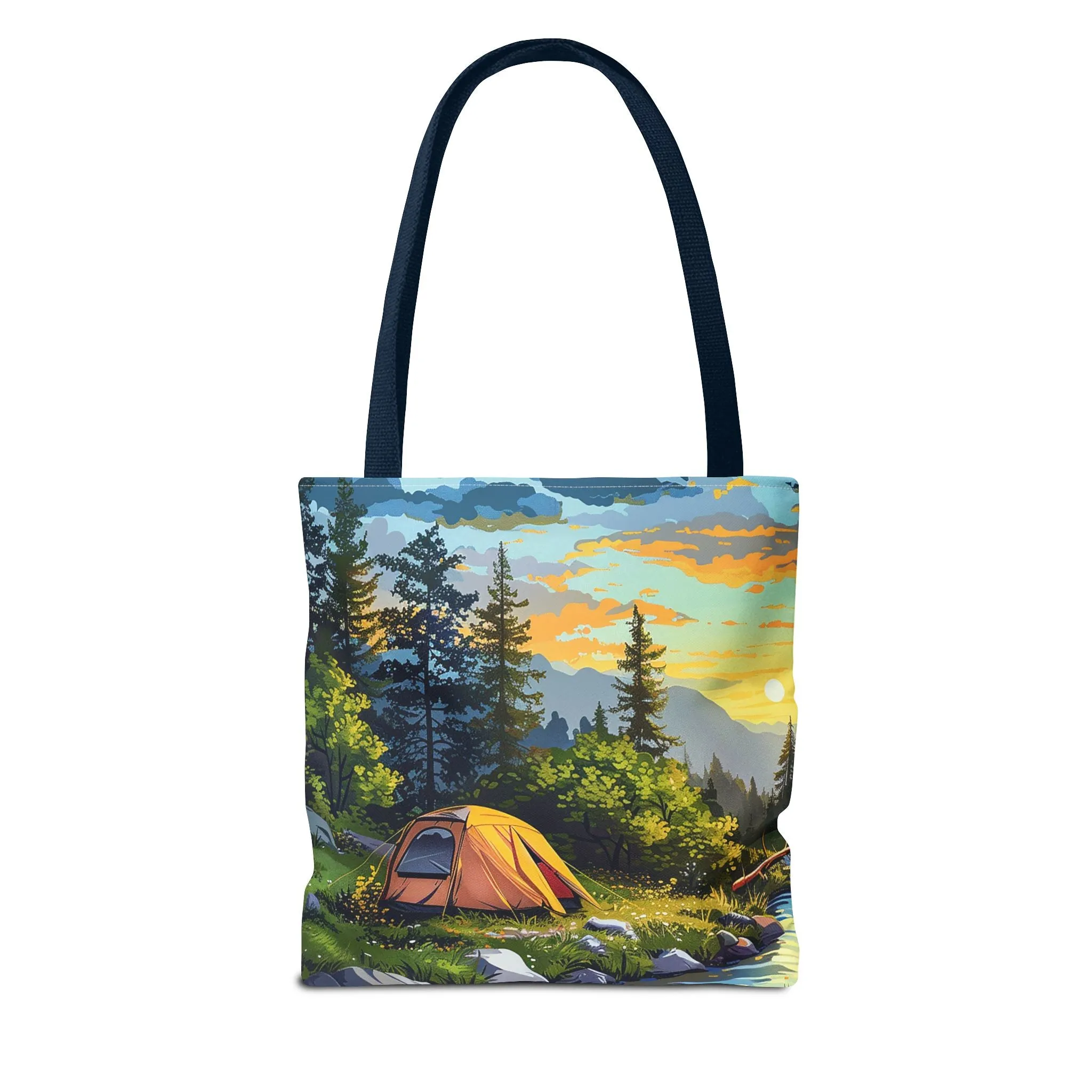Sunset Mountain Retreat Tote Bag - Carry the Serenity of Camping Next to a Mountain Stream with You! Available in 3 sizes.