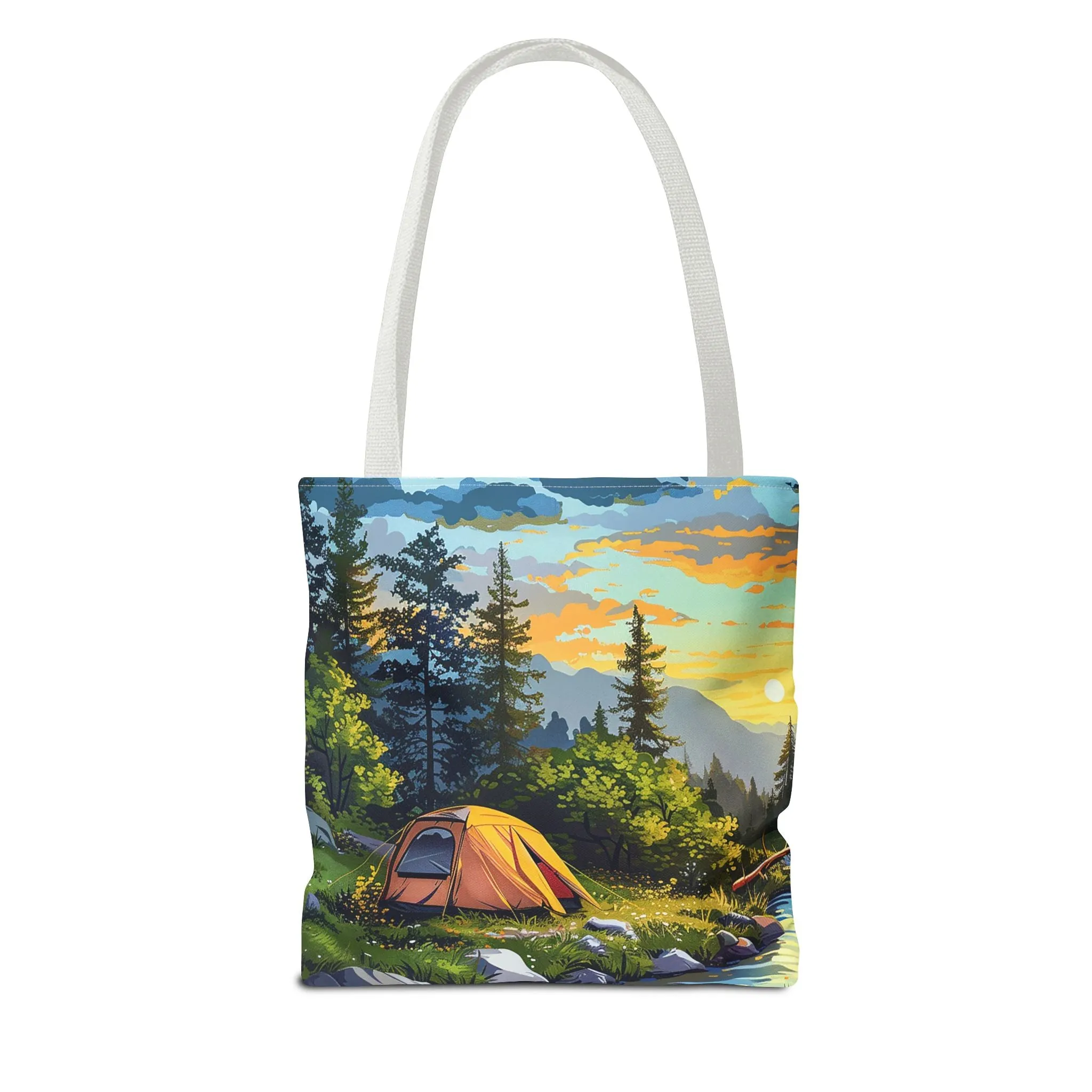 Sunset Mountain Retreat Tote Bag - Carry the Serenity of Camping Next to a Mountain Stream with You! Available in 3 sizes.