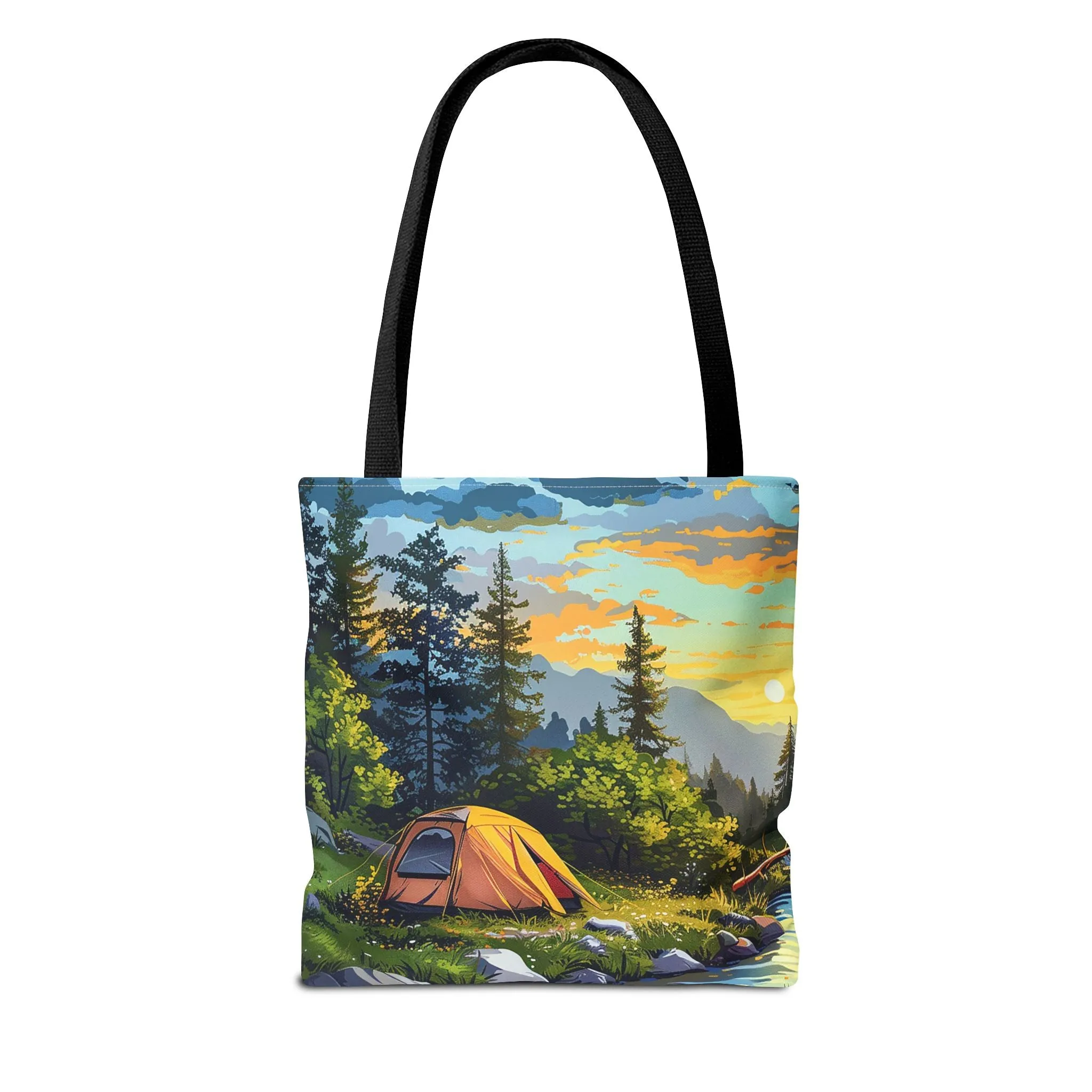 Sunset Mountain Retreat Tote Bag - Carry the Serenity of Camping Next to a Mountain Stream with You! Available in 3 sizes.