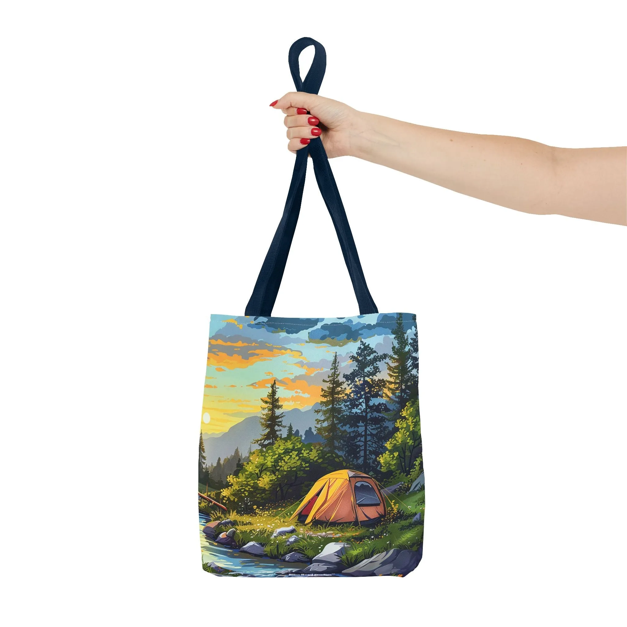 Sunset Mountain Retreat Tote Bag - Carry the Serenity of Camping Next to a Mountain Stream with You! Available in 3 sizes.
