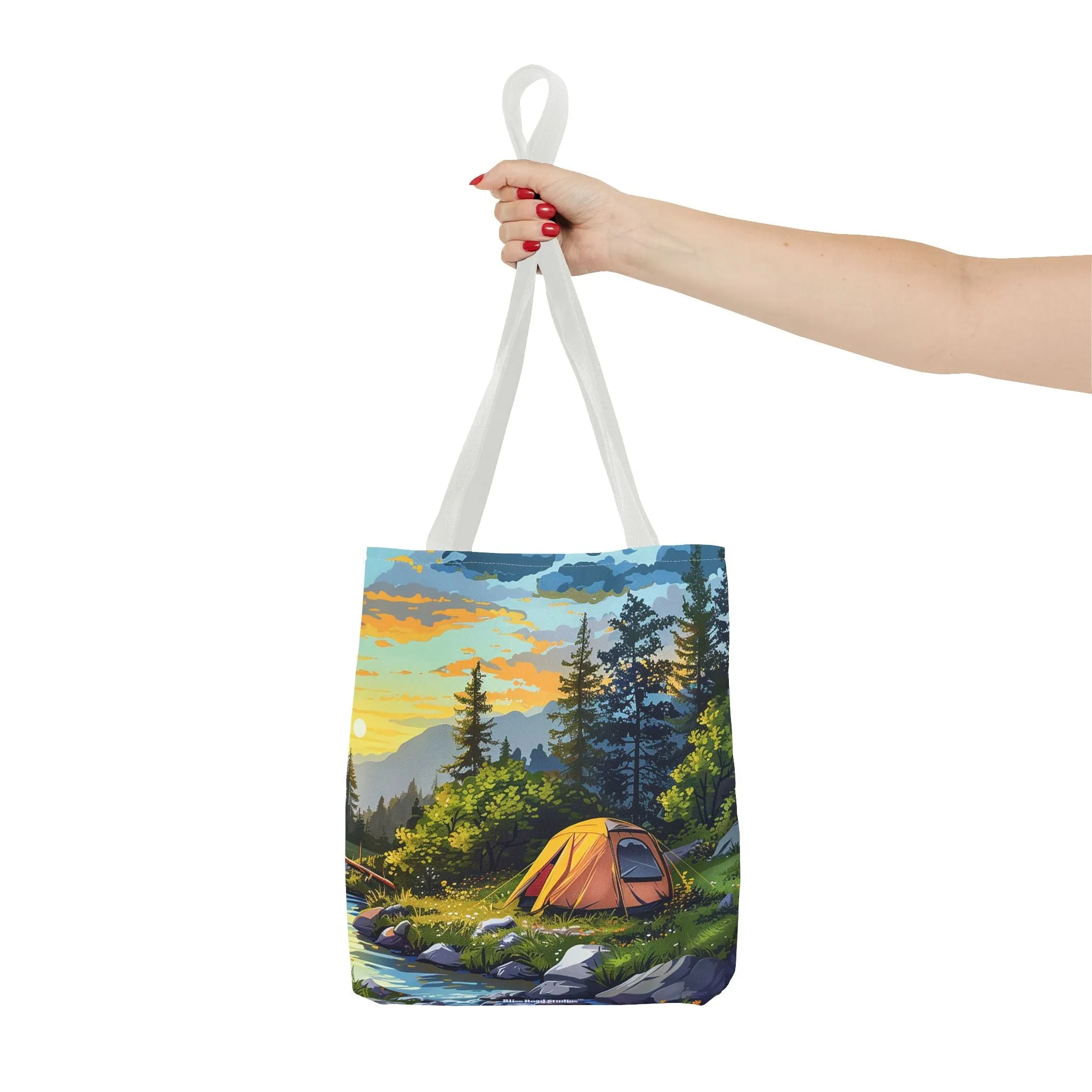Sunset Mountain Retreat Tote Bag - Carry the Serenity of Camping Next to a Mountain Stream with You! Available in 3 sizes.