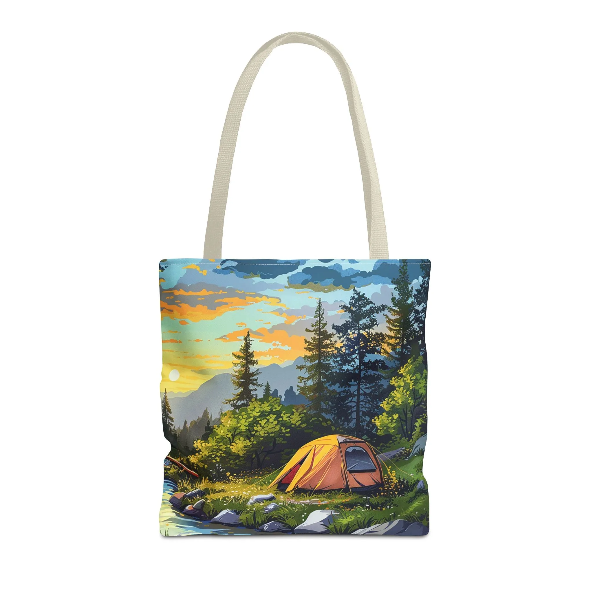 Sunset Mountain Retreat Tote Bag - Carry the Serenity of Camping Next to a Mountain Stream with You! Available in 3 sizes.