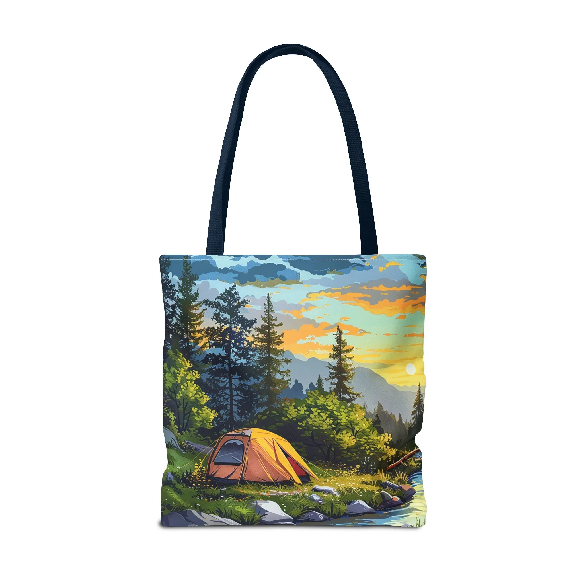 Sunset Mountain Retreat Tote Bag - Carry the Serenity of Camping Next to a Mountain Stream with You! Available in 3 sizes.