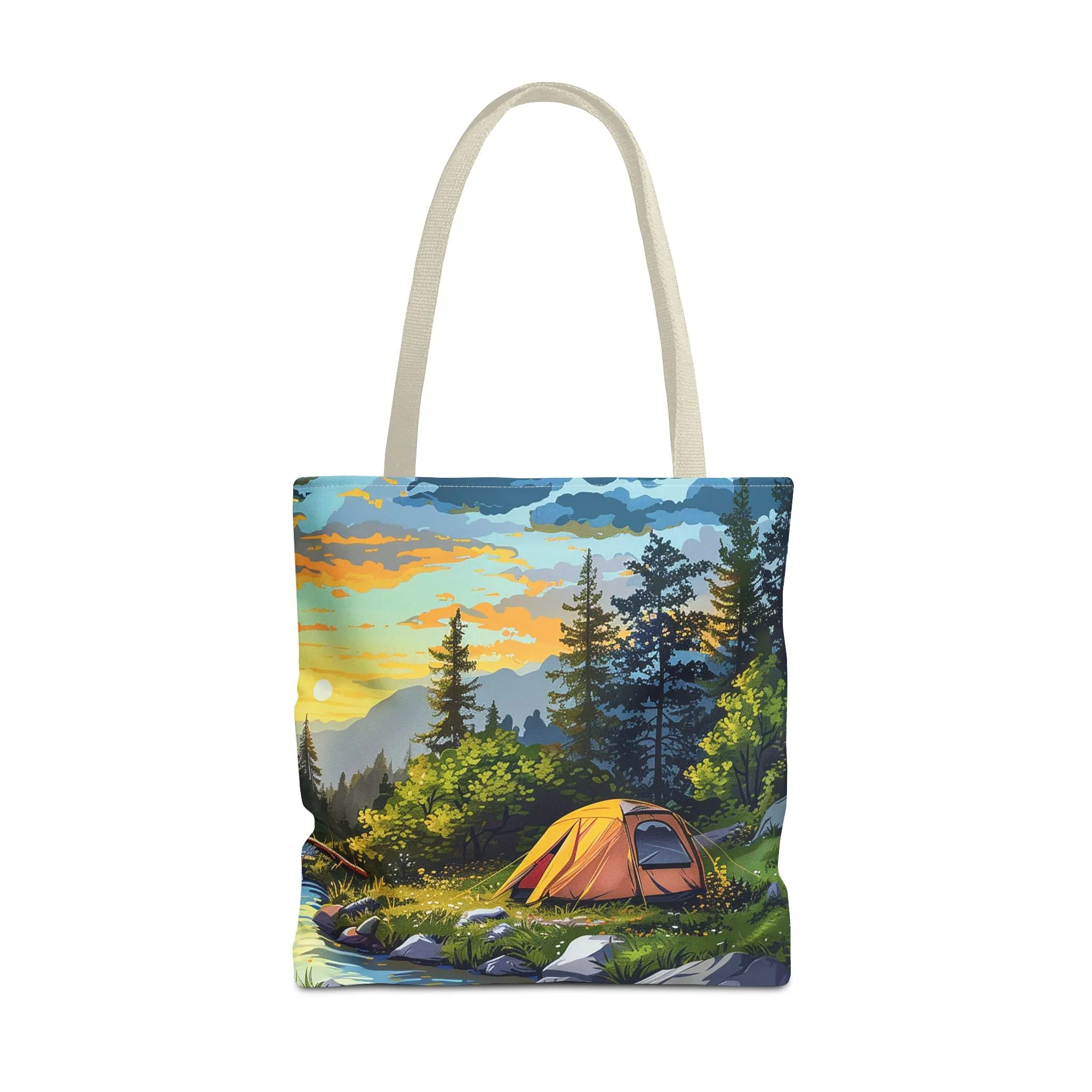 Sunset Mountain Retreat Tote Bag - Carry the Serenity of Camping Next to a Mountain Stream with You! Available in 3 sizes.