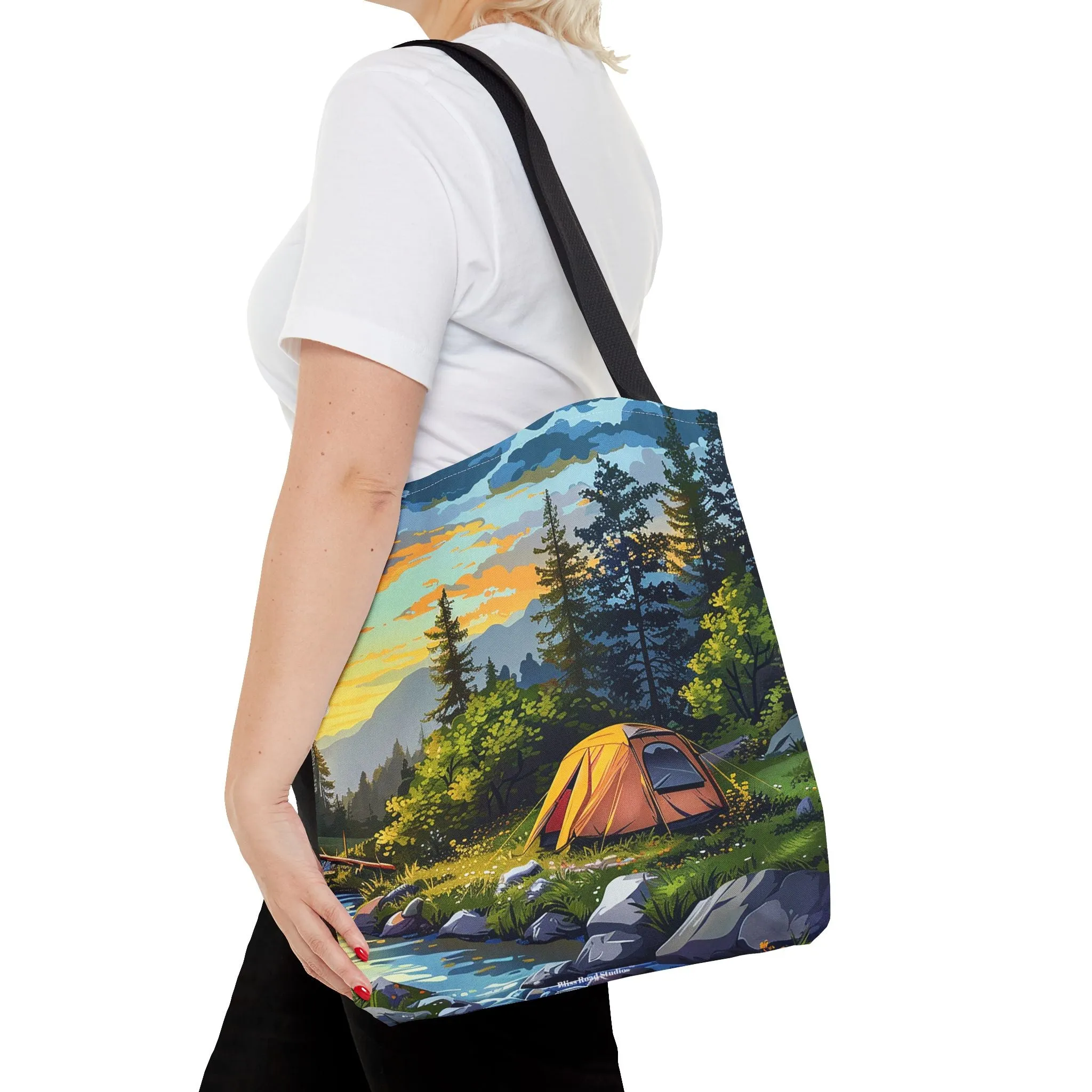 Sunset Mountain Retreat Tote Bag - Carry the Serenity of Camping Next to a Mountain Stream with You! Available in 3 sizes.
