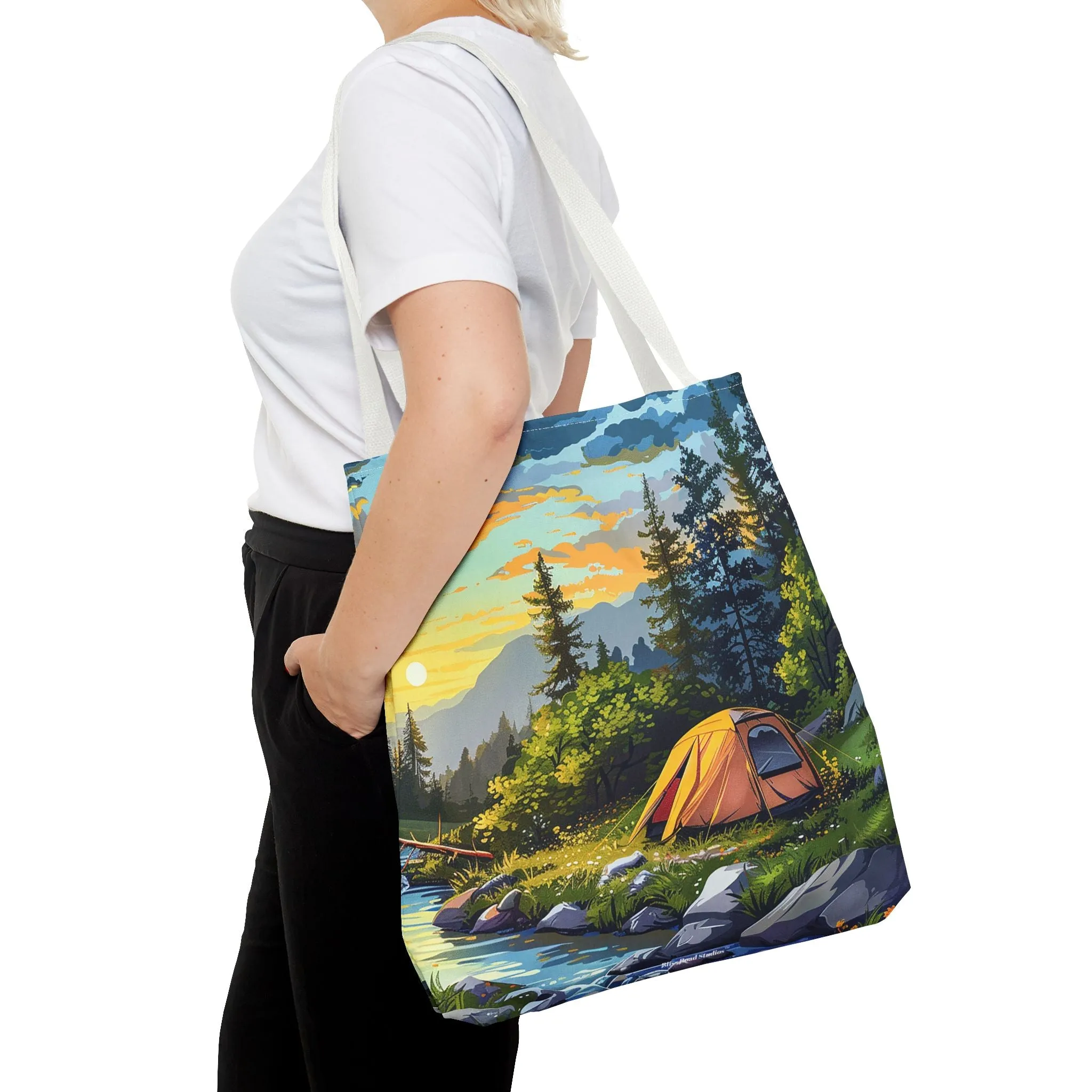Sunset Mountain Retreat Tote Bag - Carry the Serenity of Camping Next to a Mountain Stream with You! Available in 3 sizes.