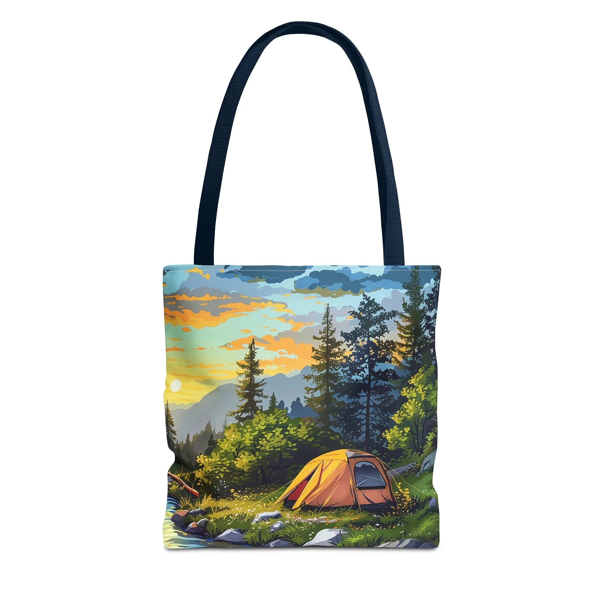 Sunset Mountain Retreat Tote Bag - Carry the Serenity of Camping Next to a Mountain Stream with You! Available in 3 sizes.