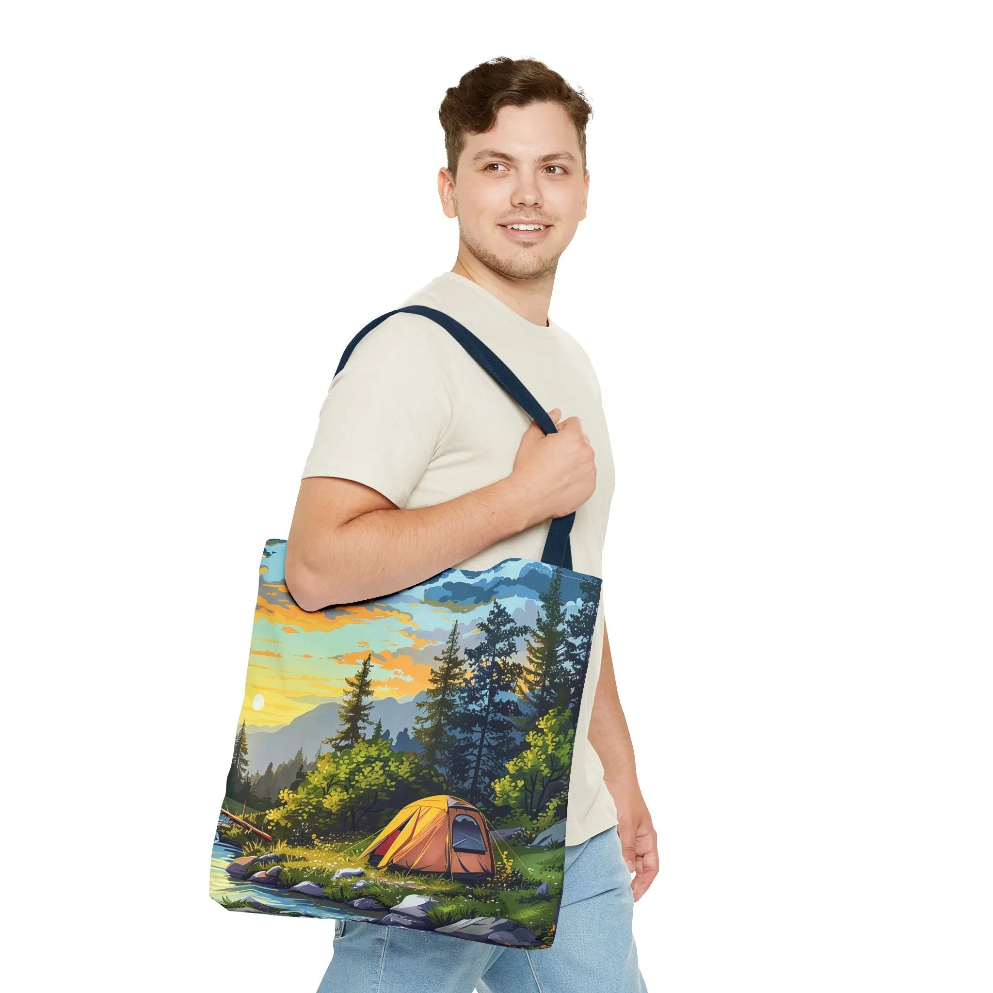 Sunset Mountain Retreat Tote Bag - Carry the Serenity of Camping Next to a Mountain Stream with You! Available in 3 sizes.