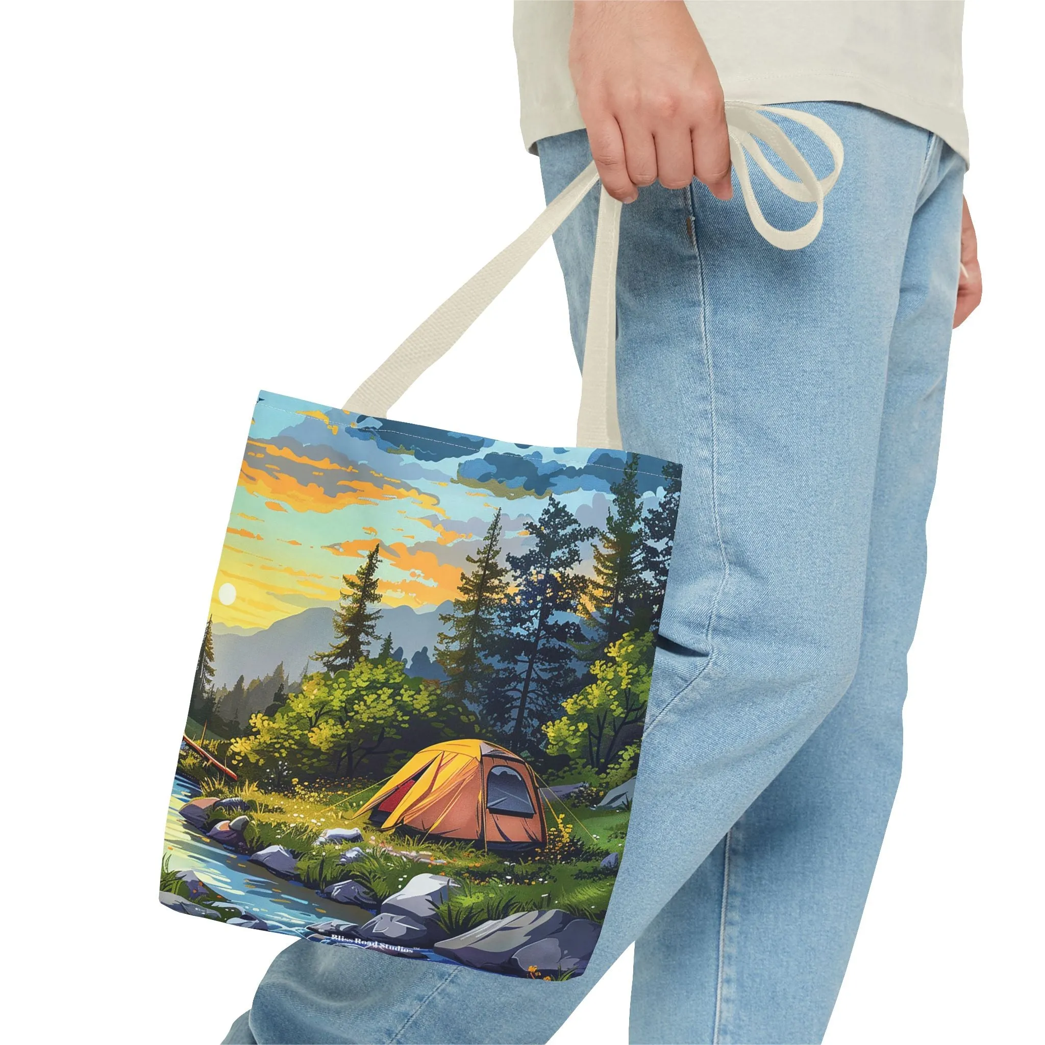 Sunset Mountain Retreat Tote Bag - Carry the Serenity of Camping Next to a Mountain Stream with You! Available in 3 sizes.