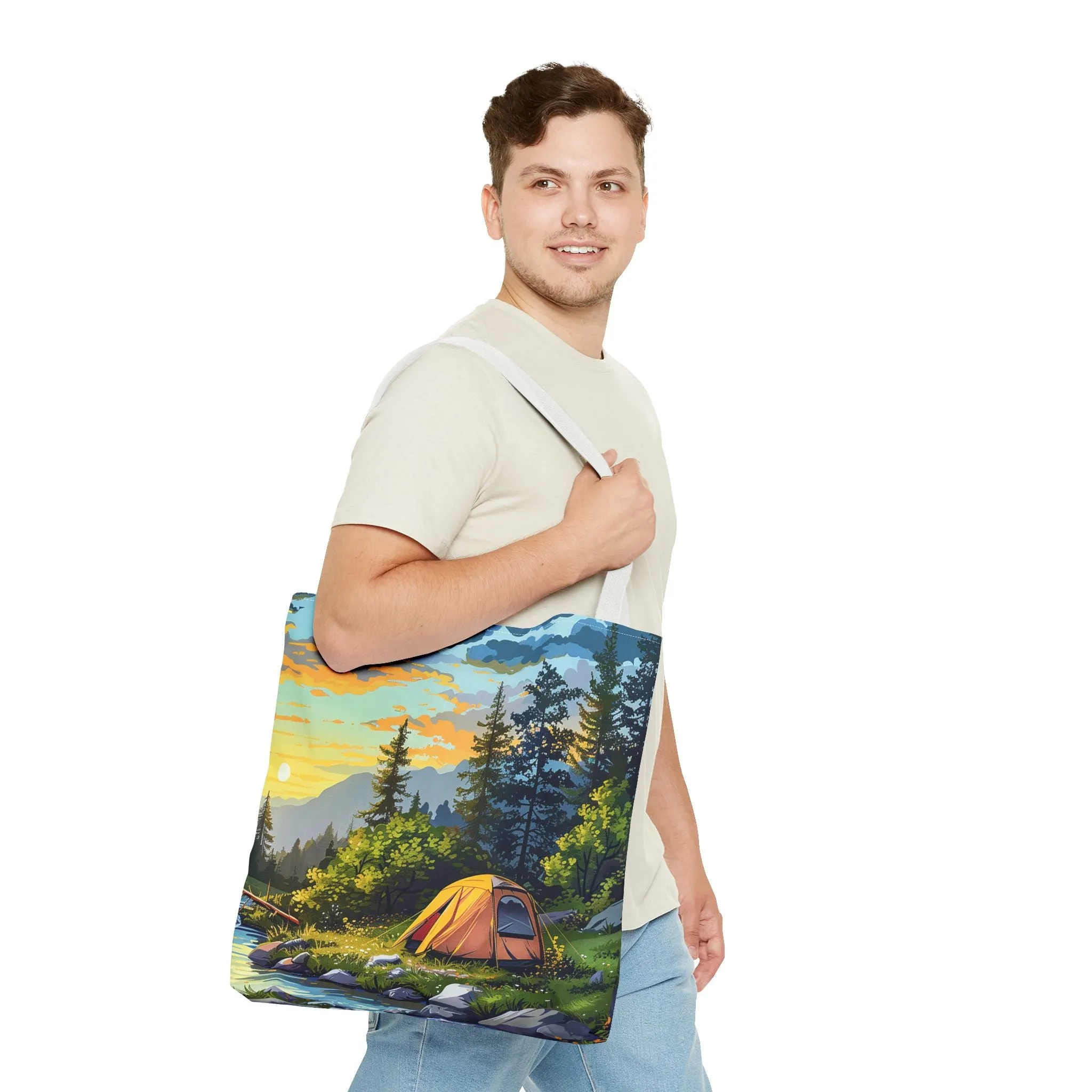 Sunset Mountain Retreat Tote Bag - Carry the Serenity of Camping Next to a Mountain Stream with You! Available in 3 sizes.