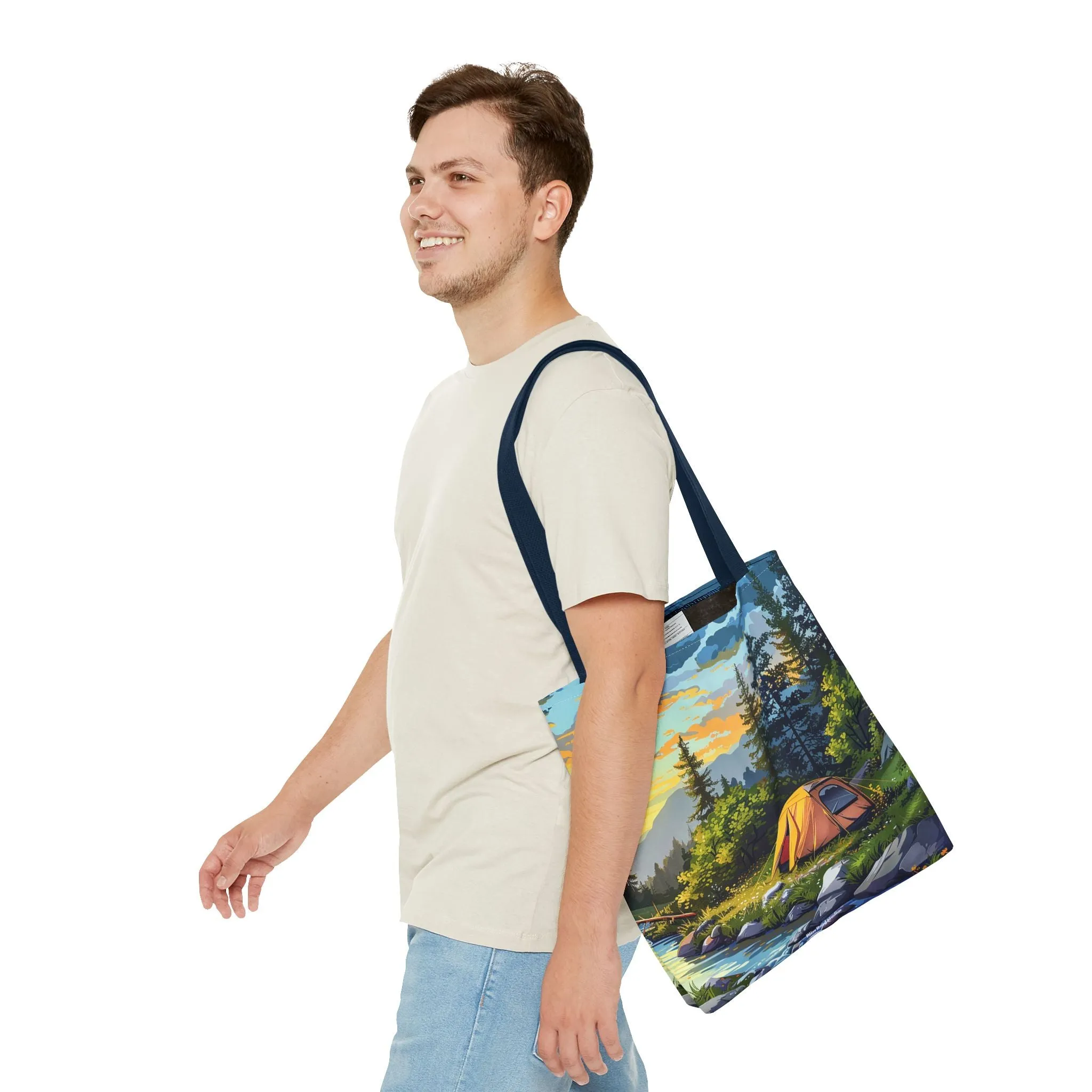 Sunset Mountain Retreat Tote Bag - Carry the Serenity of Camping Next to a Mountain Stream with You! Available in 3 sizes.