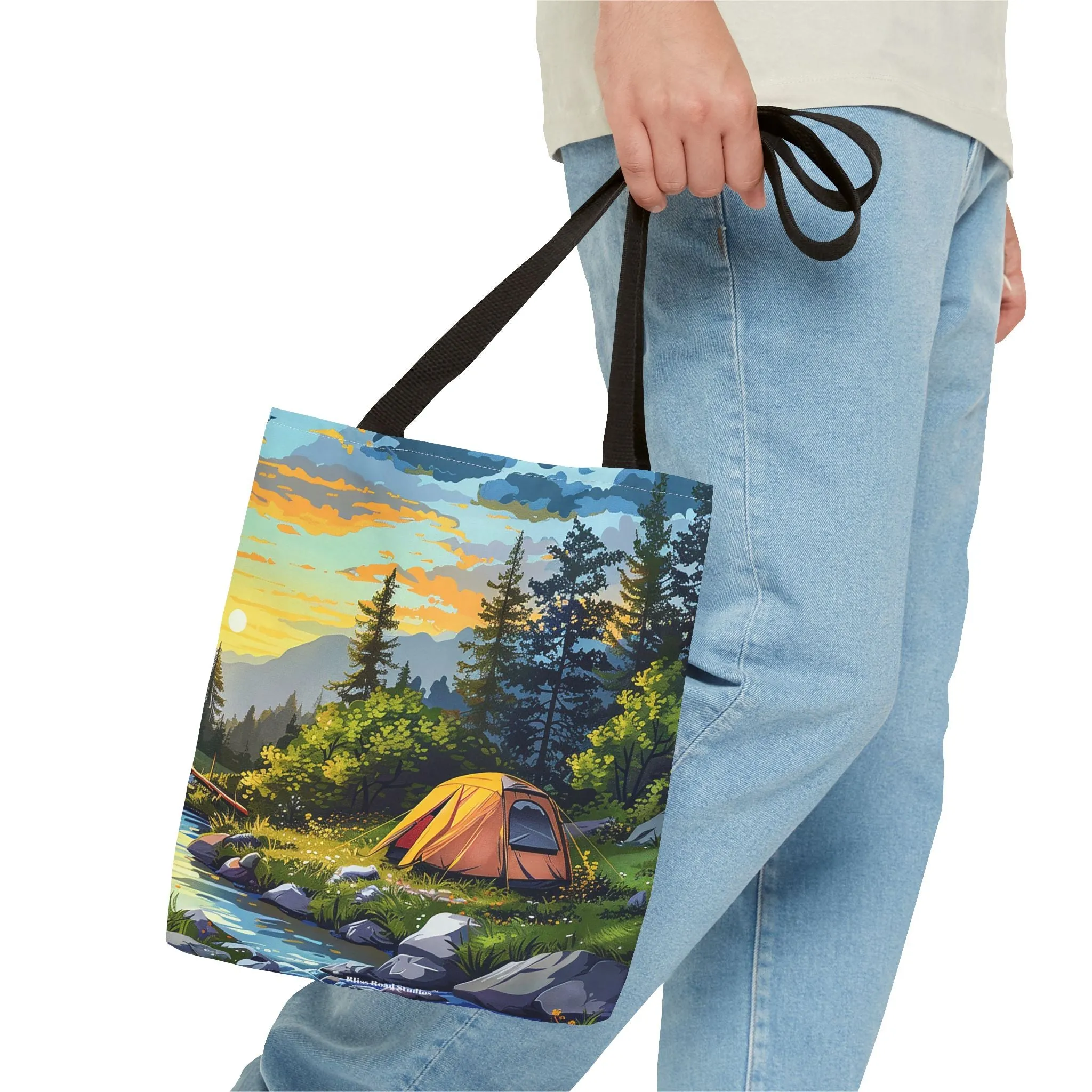 Sunset Mountain Retreat Tote Bag - Carry the Serenity of Camping Next to a Mountain Stream with You! Available in 3 sizes.