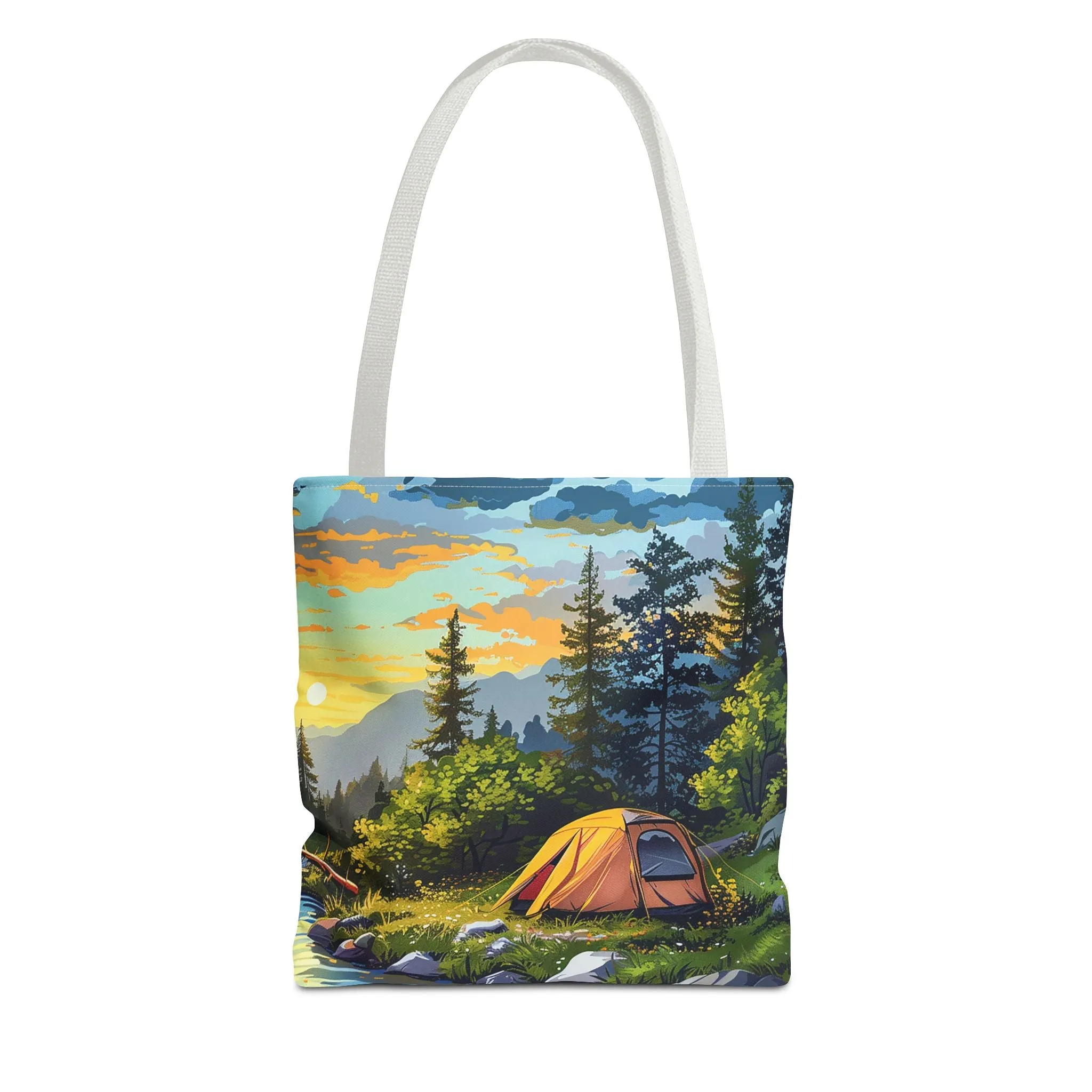 Sunset Mountain Retreat Tote Bag - Carry the Serenity of Camping Next to a Mountain Stream with You! Available in 3 sizes.