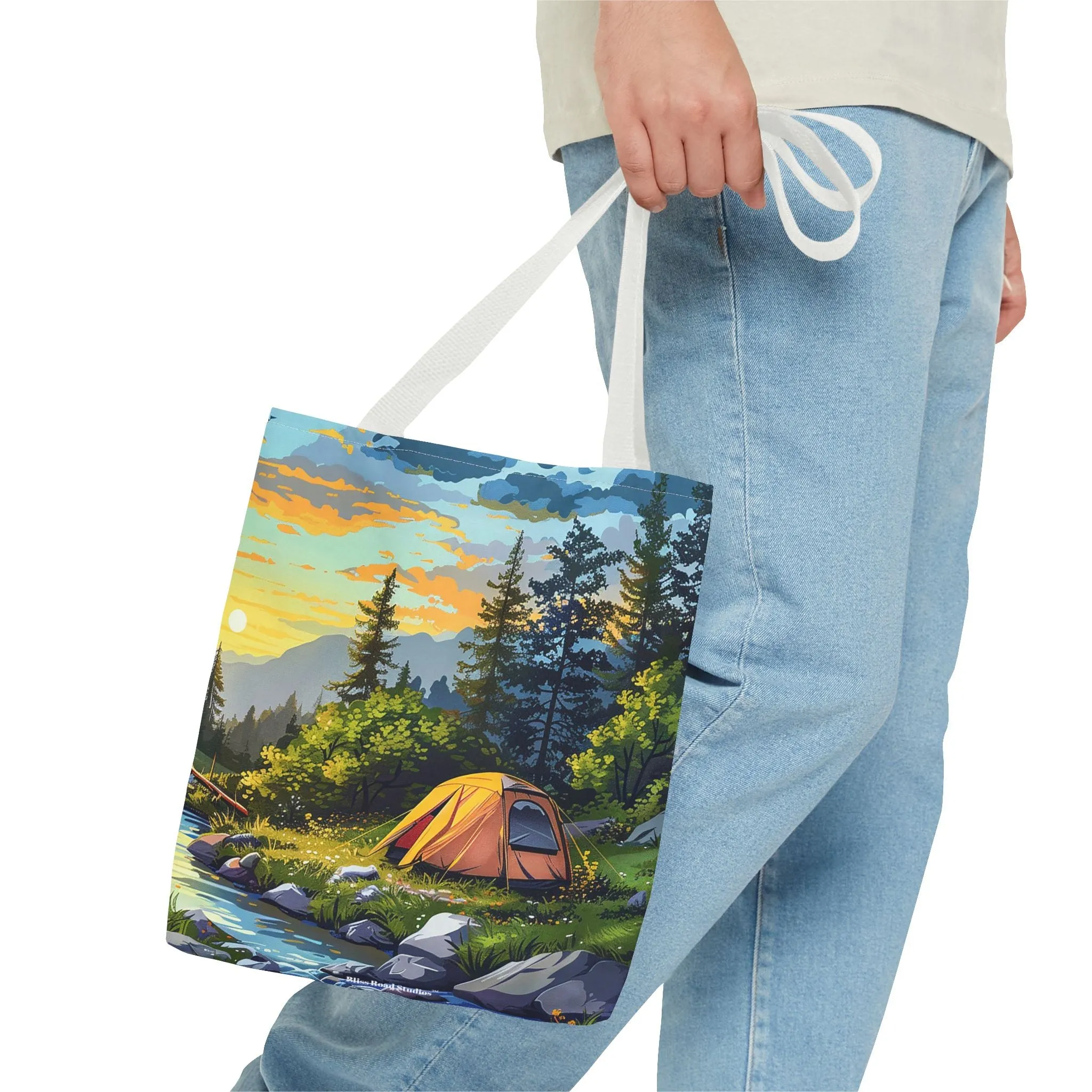 Sunset Mountain Retreat Tote Bag - Carry the Serenity of Camping Next to a Mountain Stream with You! Available in 3 sizes.