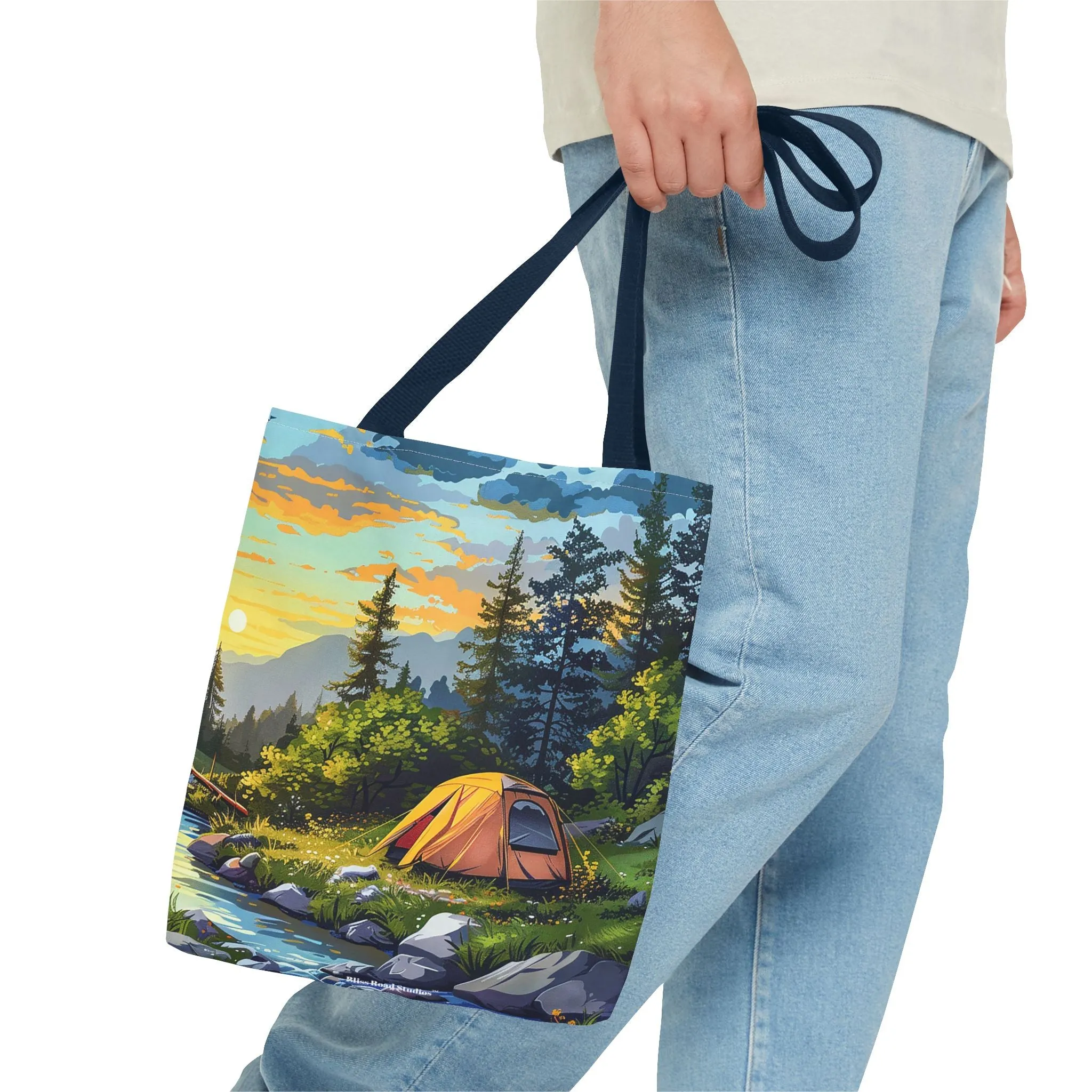 Sunset Mountain Retreat Tote Bag - Carry the Serenity of Camping Next to a Mountain Stream with You! Available in 3 sizes.