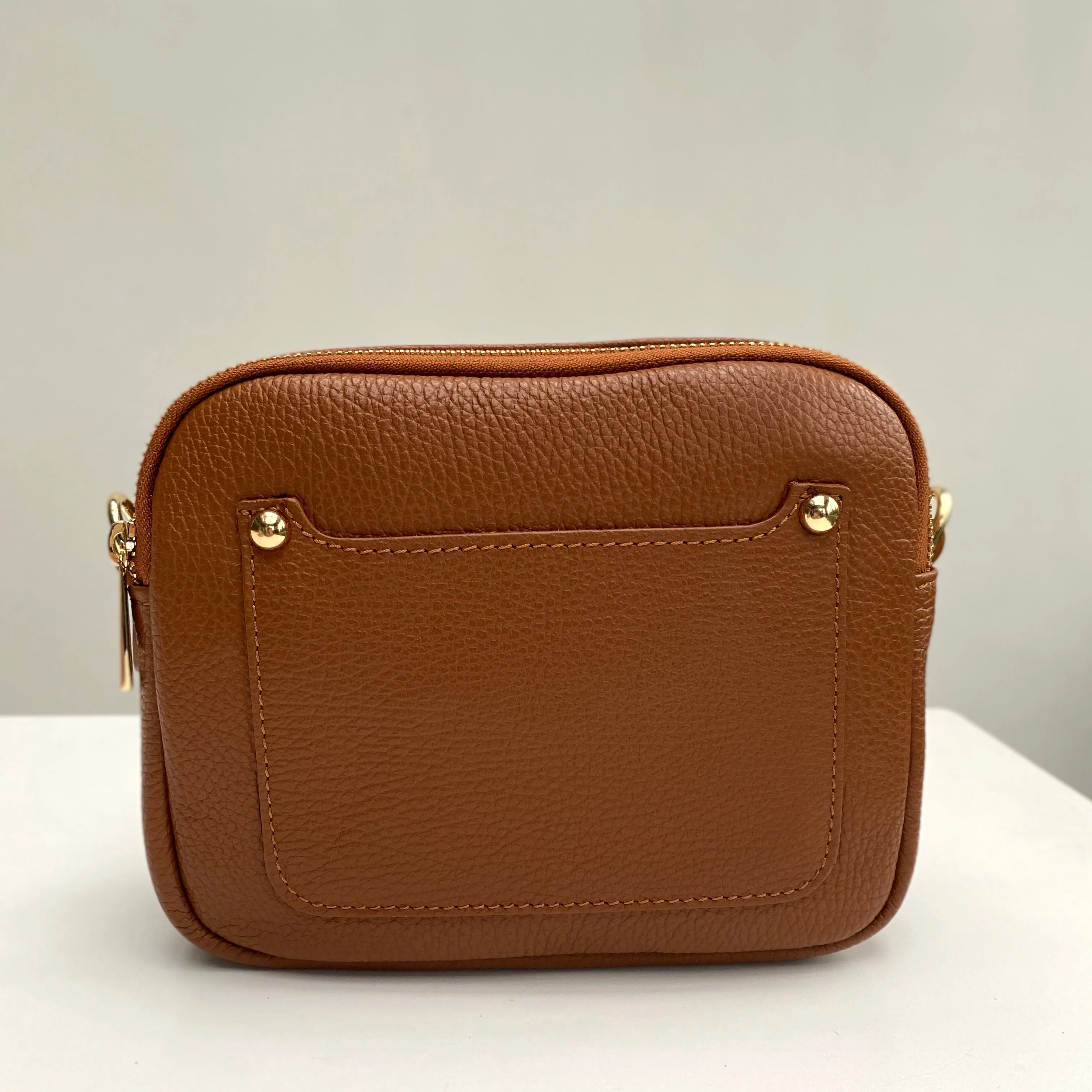 Tan Leather Double Zip Cross Body Bag