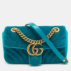 Teal Matelass&eacute; Velvet Mini GG Marmont Shoulder Bag