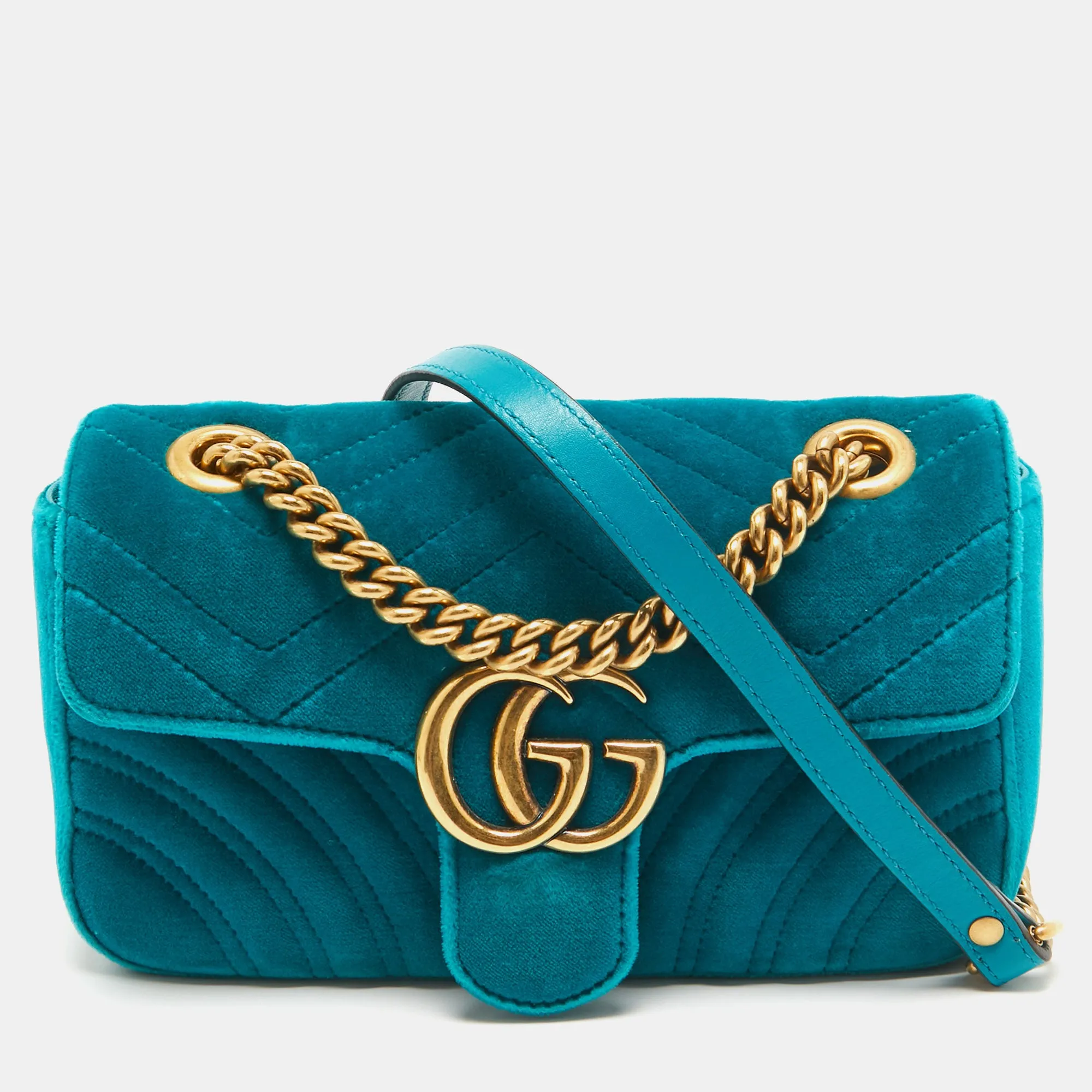 Teal Matelass&eacute; Velvet Mini GG Marmont Shoulder Bag
