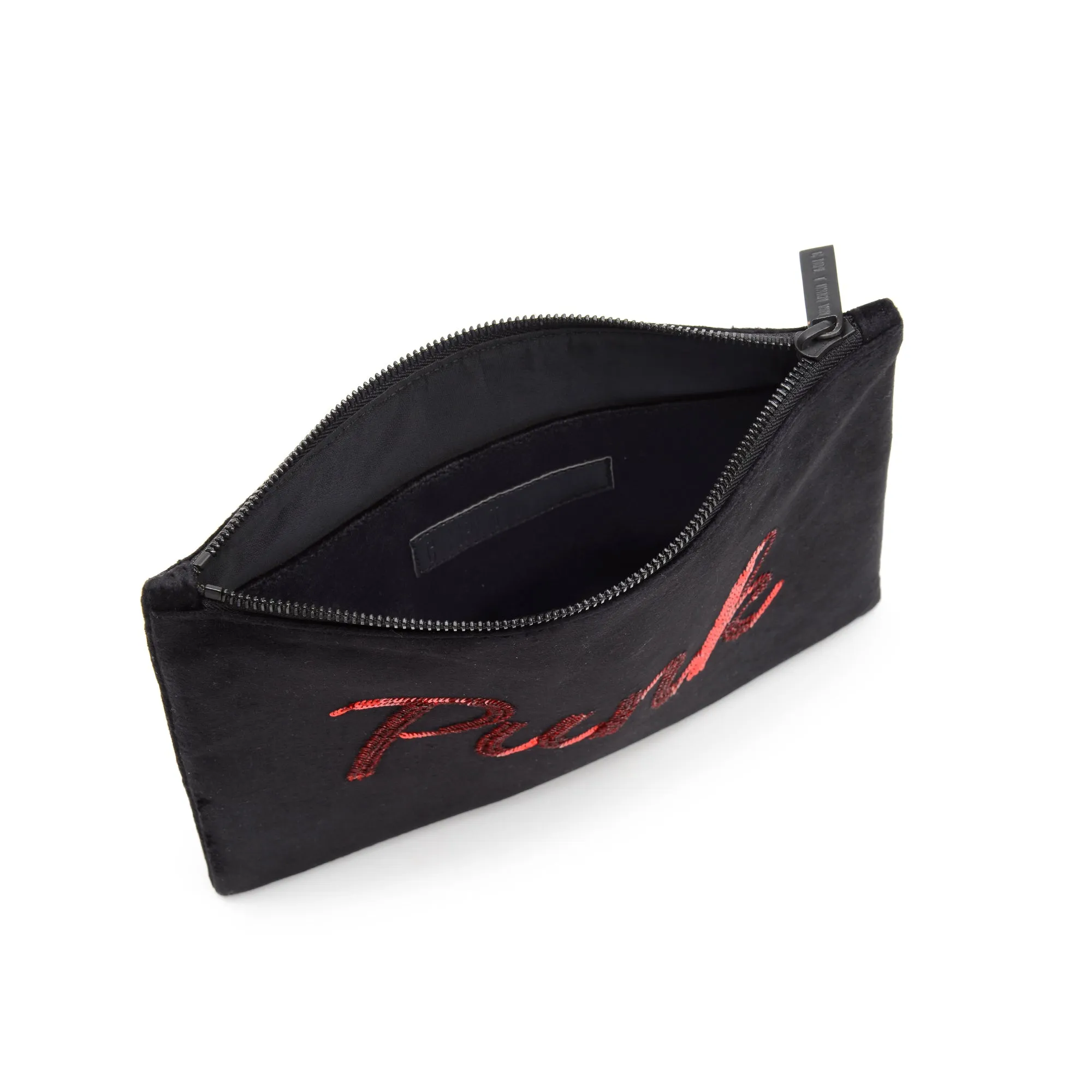TEXT EMBROIDERED CLUTCH BAG