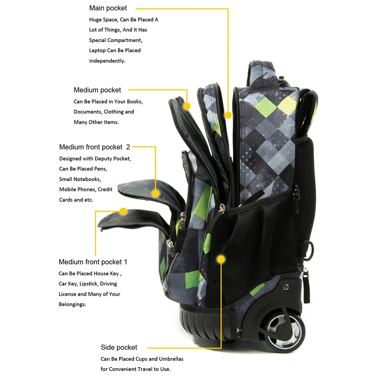 Tilami Green & Grey Triangle 18 Inch Rolling Backpack with Lunch Bag