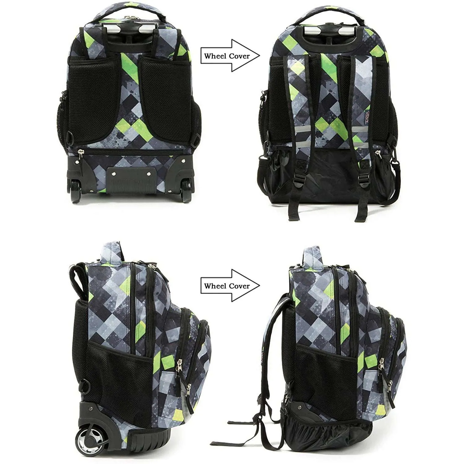 Tilami Green & Grey Triangle 18 Inch Rolling Backpack with Lunch Bag