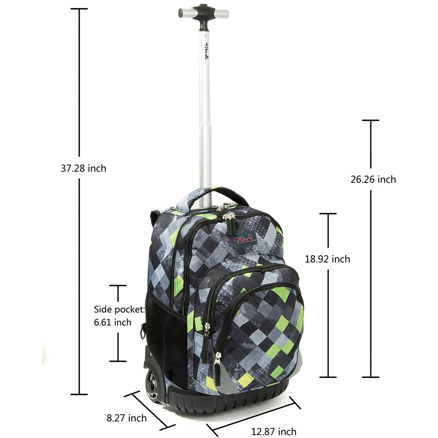 Tilami Green & Grey Triangle 18 Inch Rolling Backpack with Lunch Bag