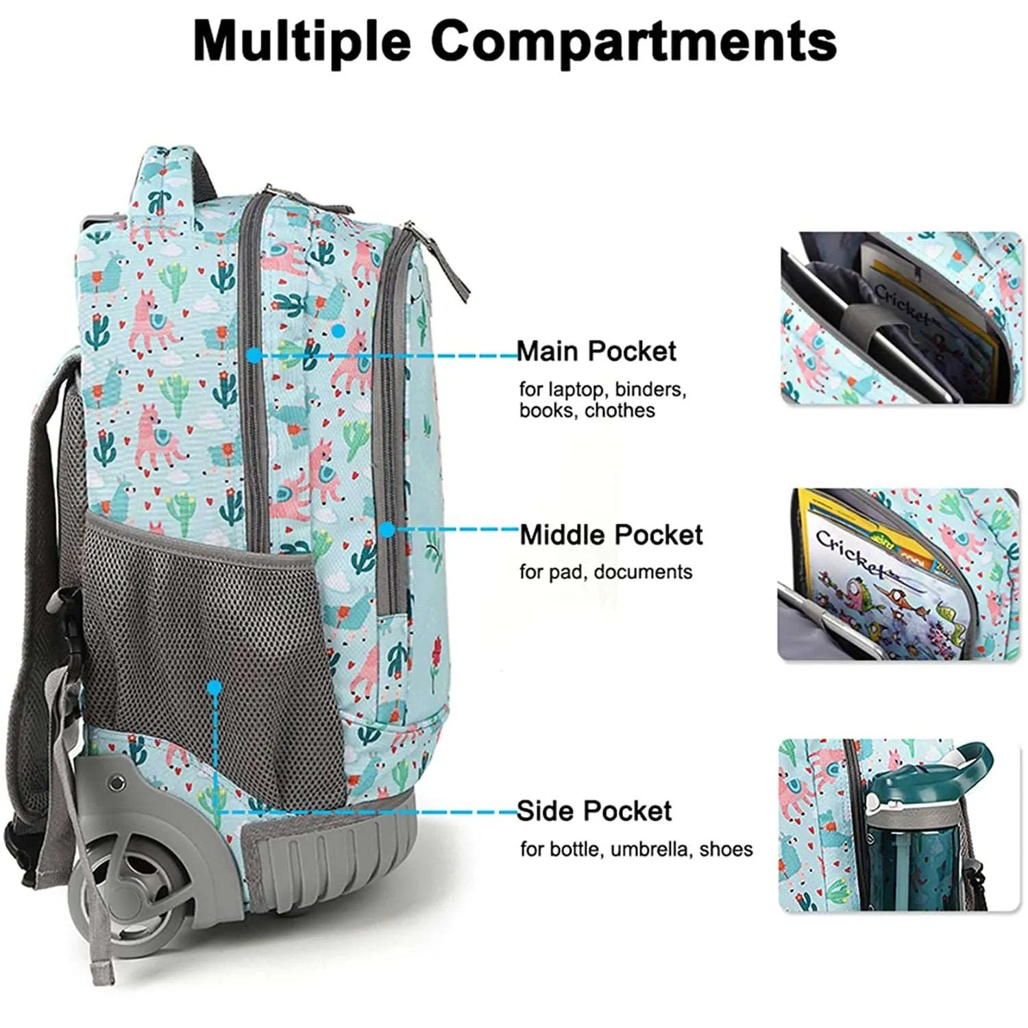 Tilami Light Green Alpaca Rolling Backpack 19 inch Kids Wheeled Backpack