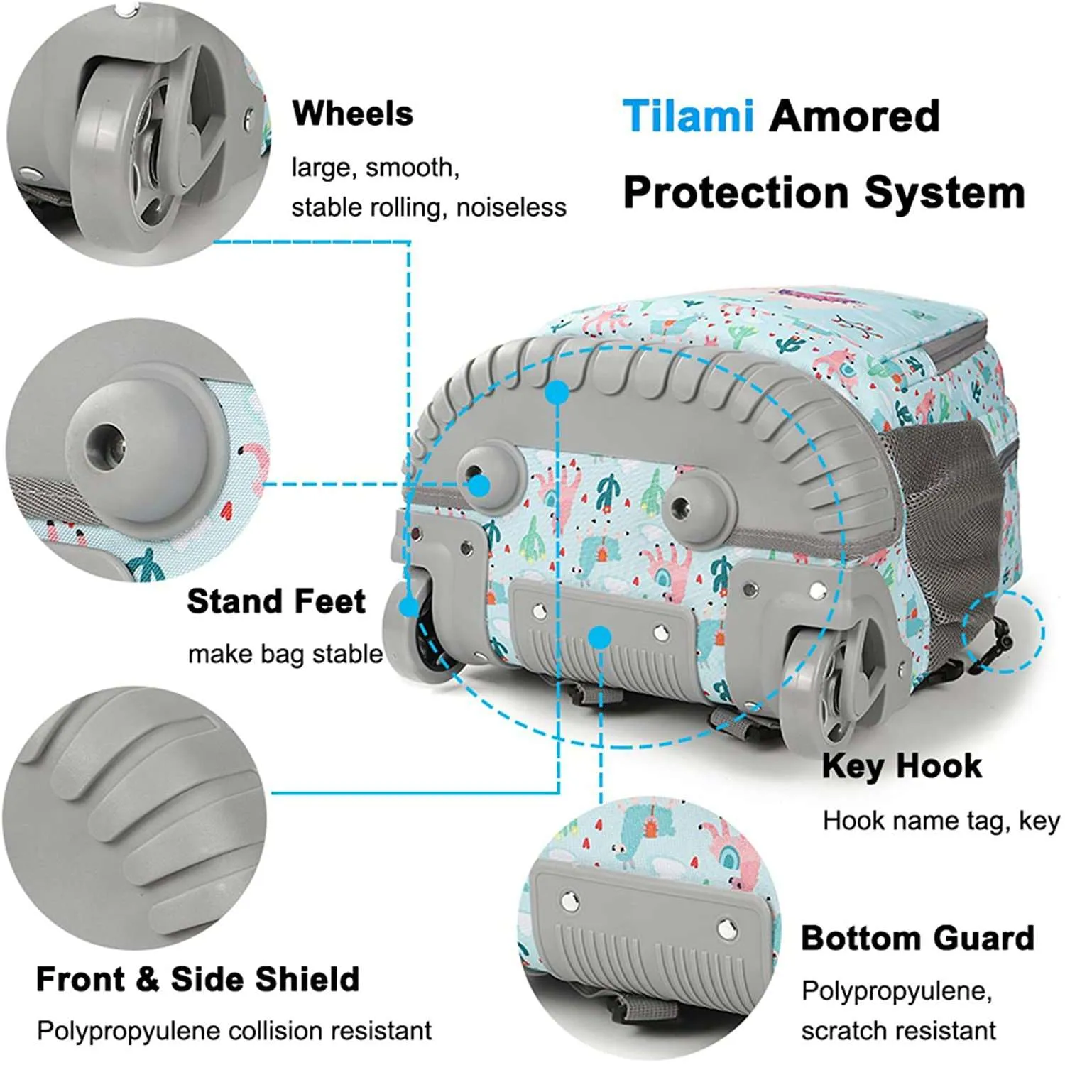 Tilami Light Green Alpaca Rolling Backpack 19 inch Kids Wheeled Backpack