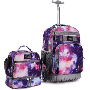 Tilami Purple Galaxy 19-Inch Kids Rolling Backpack W Matching Lunch Bag