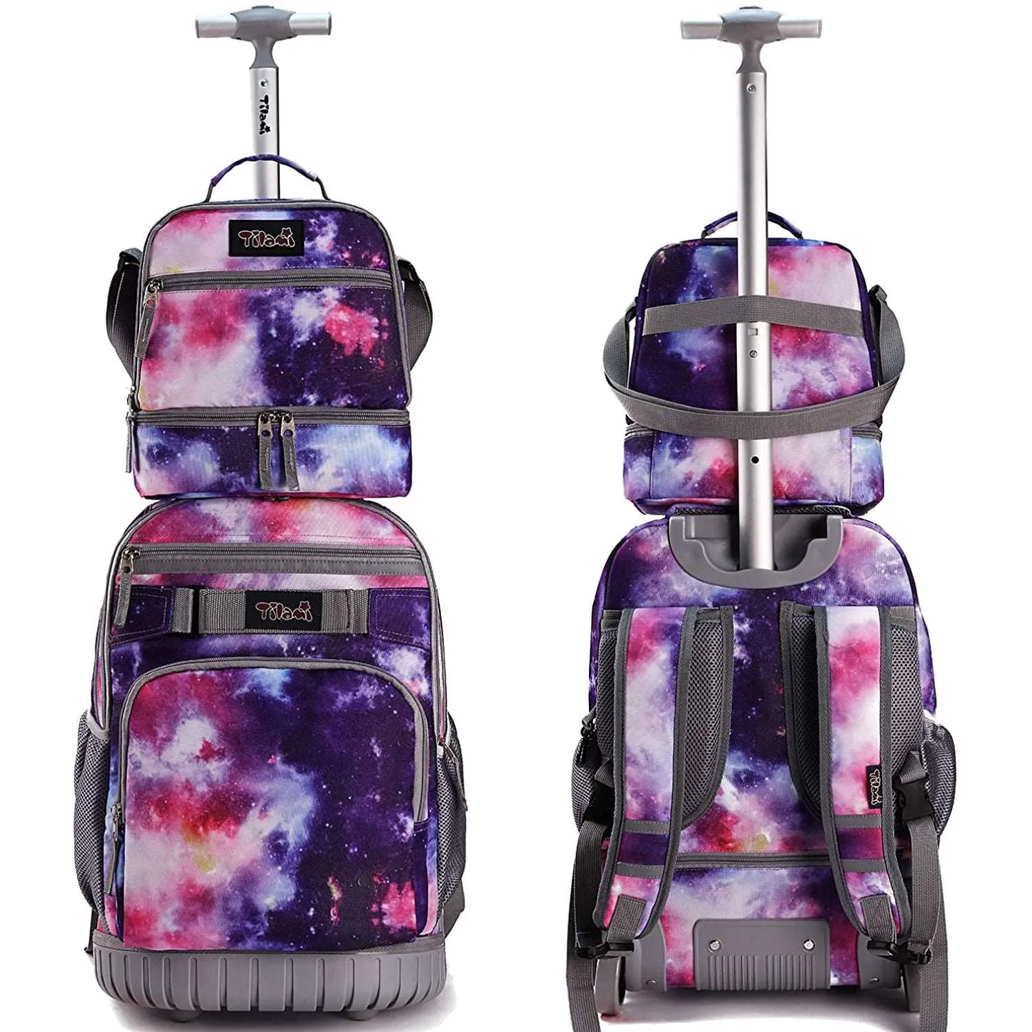 Tilami Purple Galaxy 19-Inch Kids Rolling Backpack W Matching Lunch Bag
