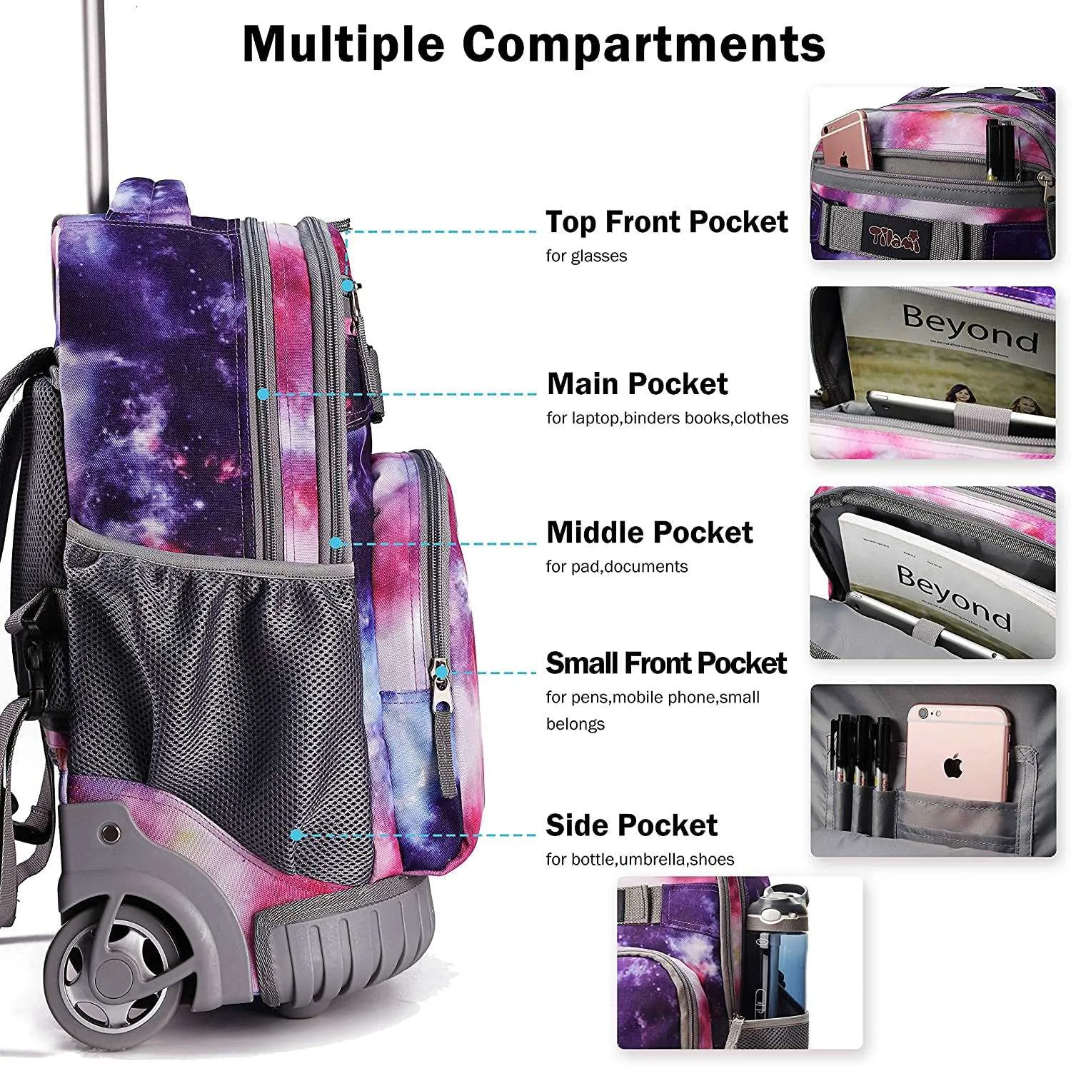 Tilami Purple Galaxy 19-Inch Kids Rolling Backpack W Matching Lunch Bag