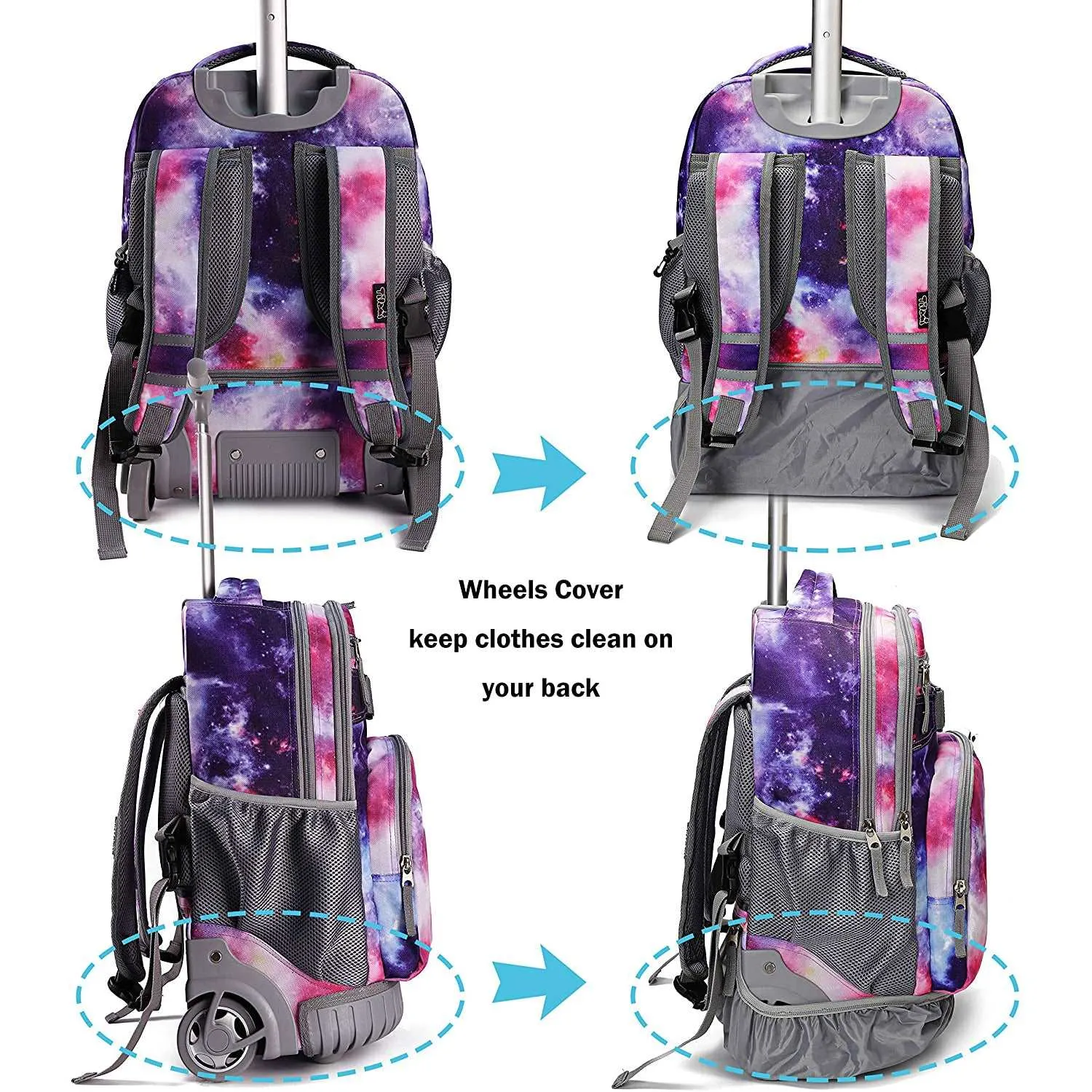 Tilami Purple Galaxy 19-Inch Kids Rolling Backpack W Matching Lunch Bag