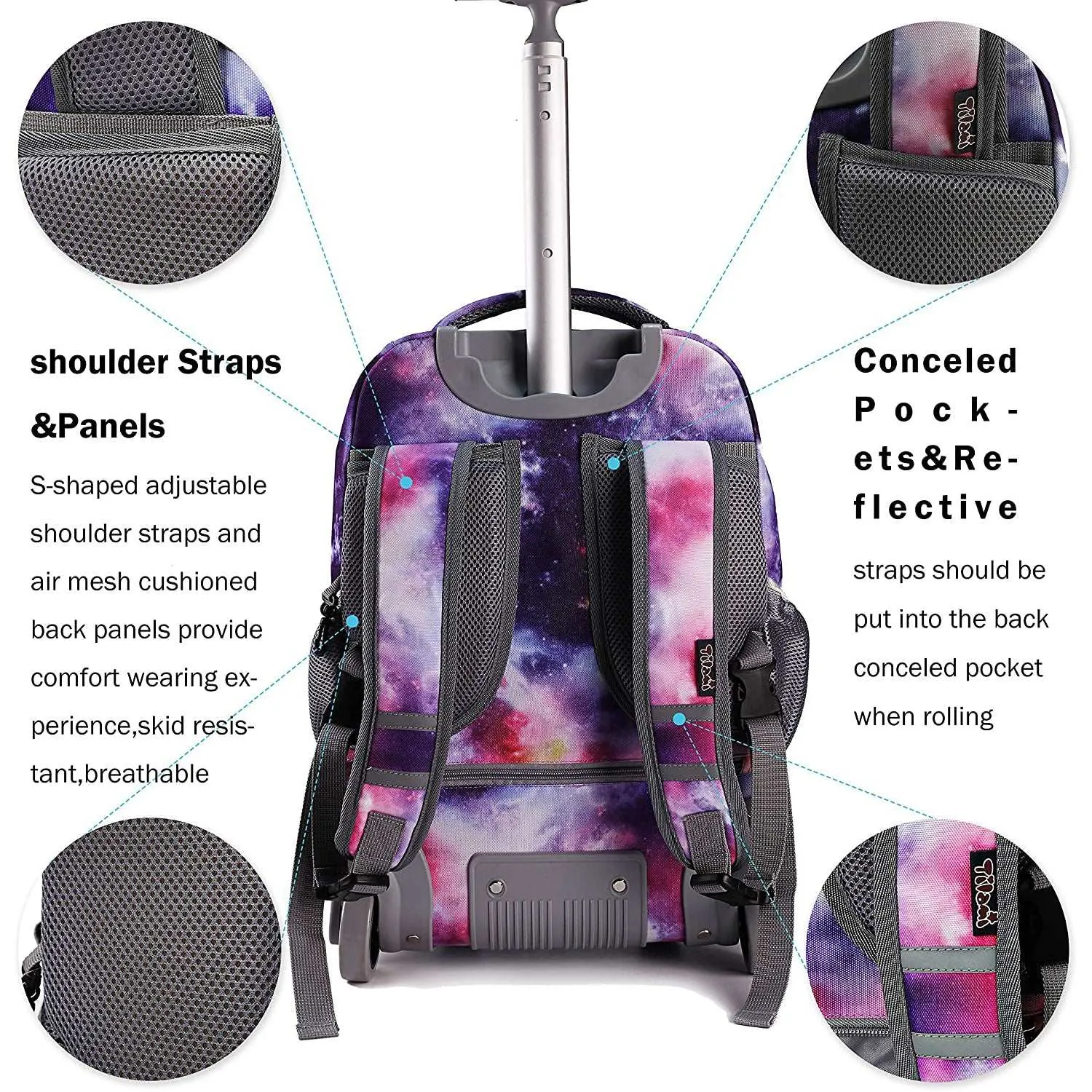 Tilami Purple Galaxy 19-Inch Kids Rolling Backpack W Matching Lunch Bag