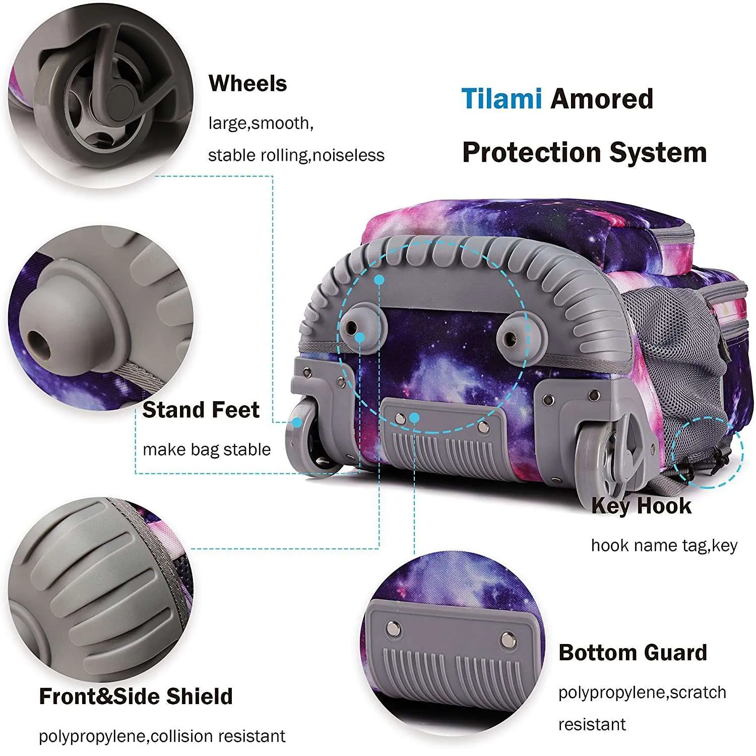 Tilami Purple Galaxy 19-Inch Kids Rolling Backpack W Matching Lunch Bag