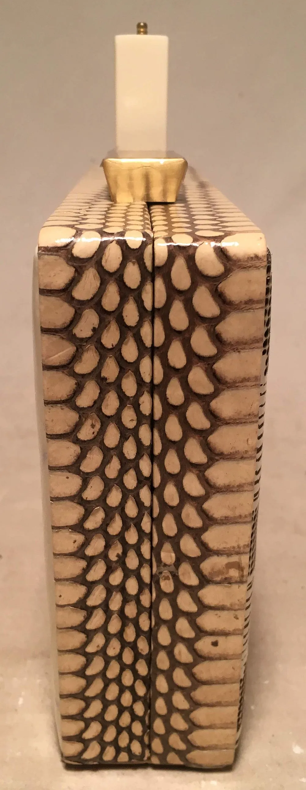 Tonya Hawkes Cream Embossed Patent Leather Clutch