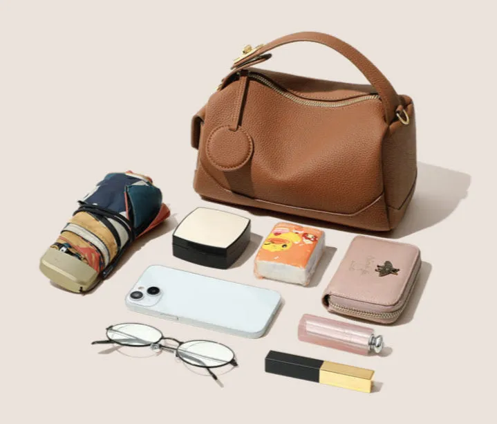 Top Layer Cowhide Genuine Leather Handbag with Crossbody Strap