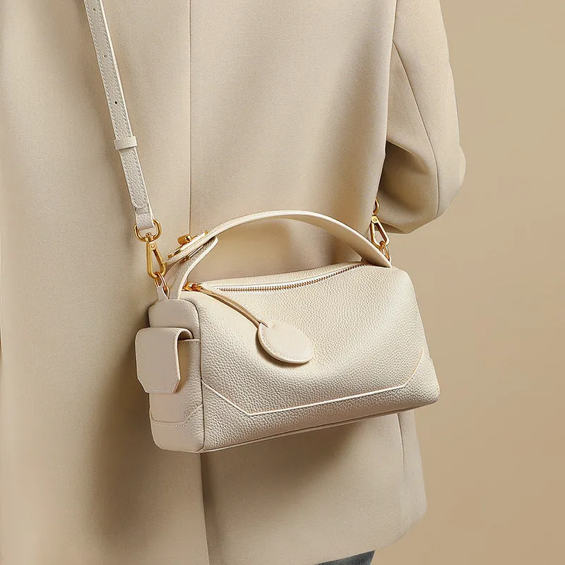 Top Layer Cowhide Genuine Leather Handbag with Crossbody Strap