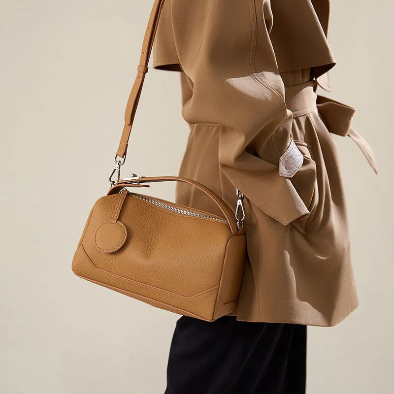 Top Layer Cowhide Genuine Leather Handbag with Crossbody Strap