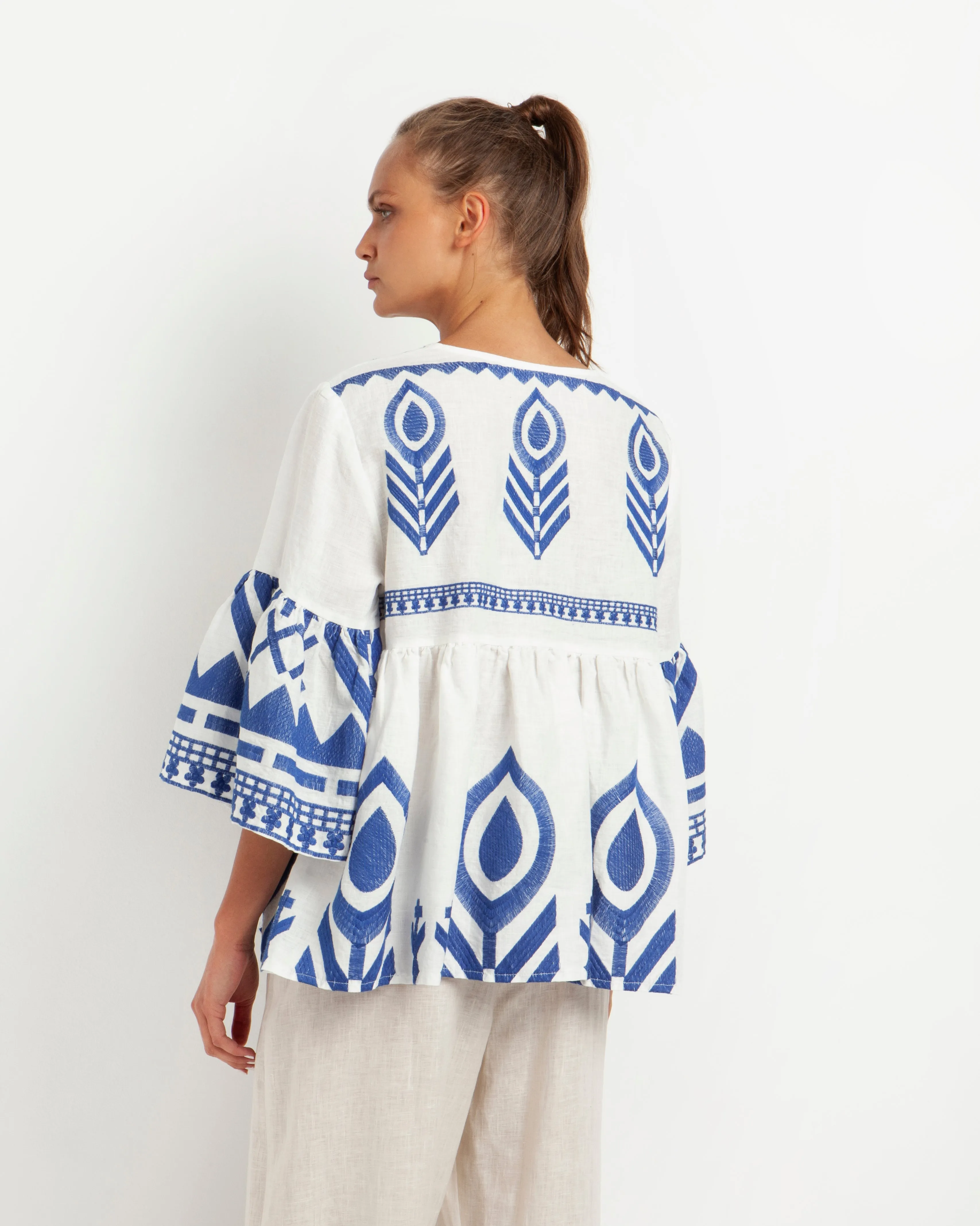 TUNIC FEATHER BELL SLEEVE - WHITE ROYAL BLUE