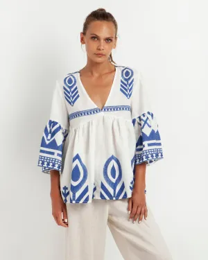 TUNIC FEATHER BELL SLEEVE - WHITE ROYAL BLUE