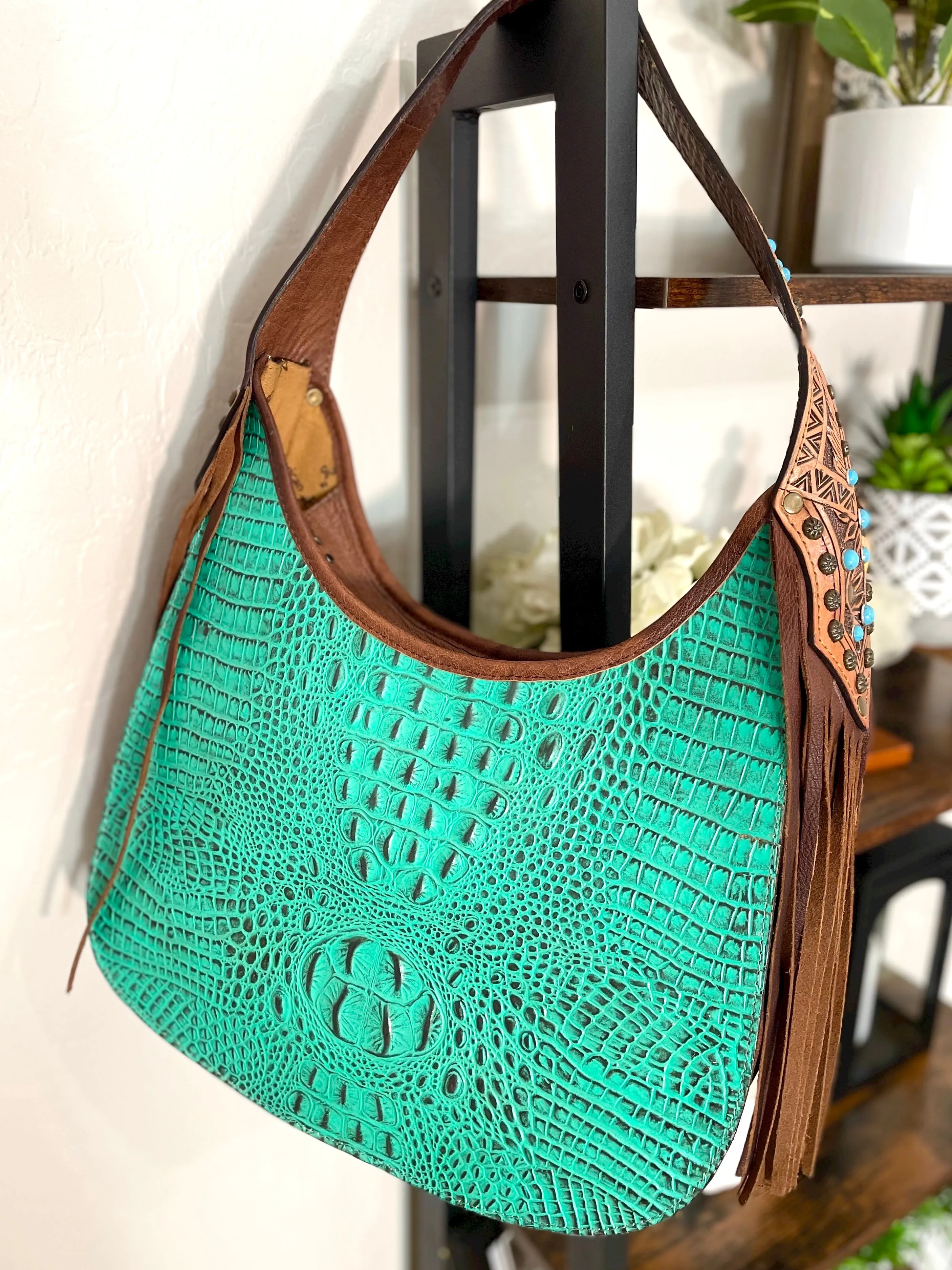 Turquoise and Brown Alligator Pattern Leather Hobo