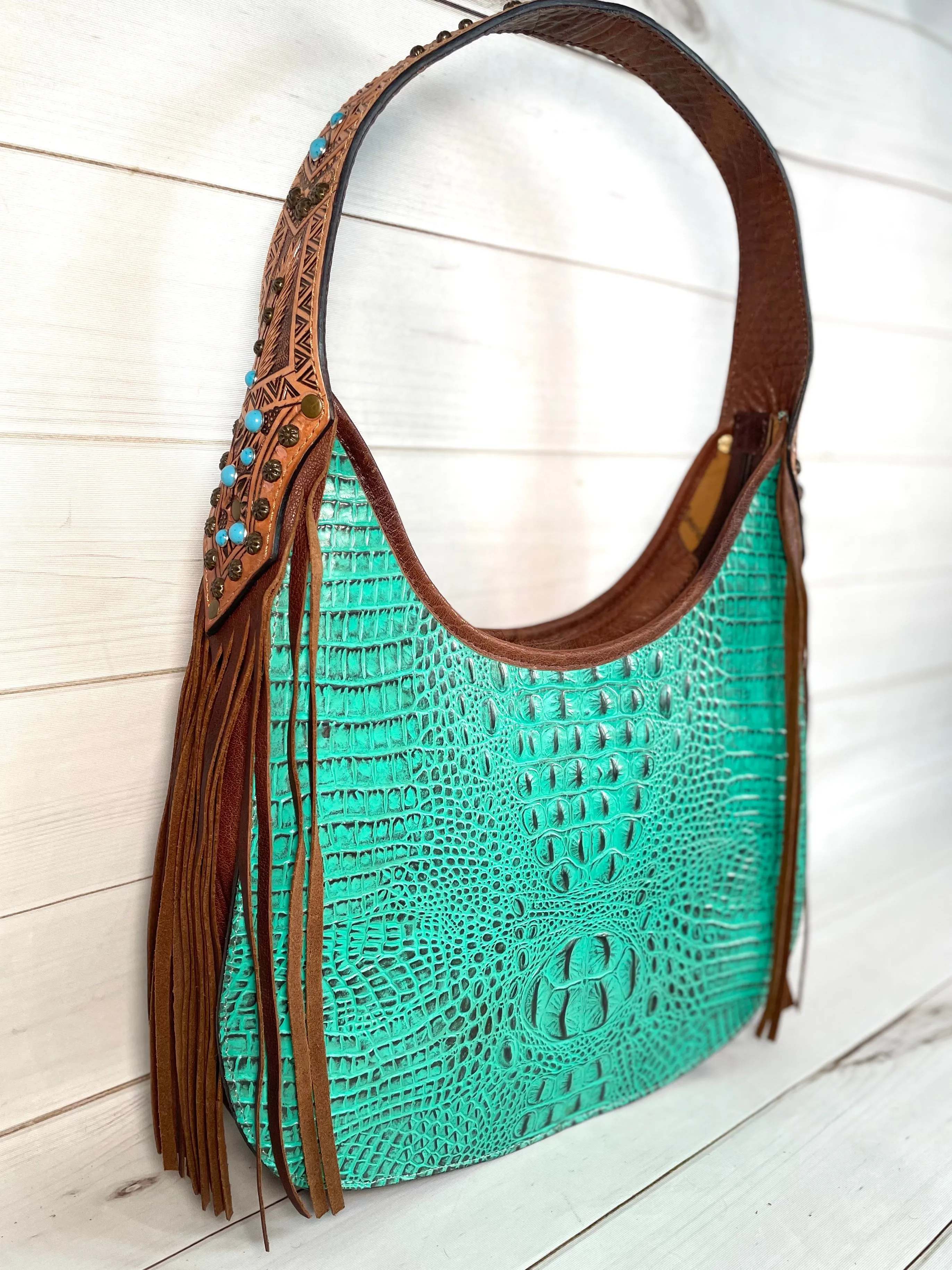 Turquoise and Brown Alligator Pattern Leather Hobo