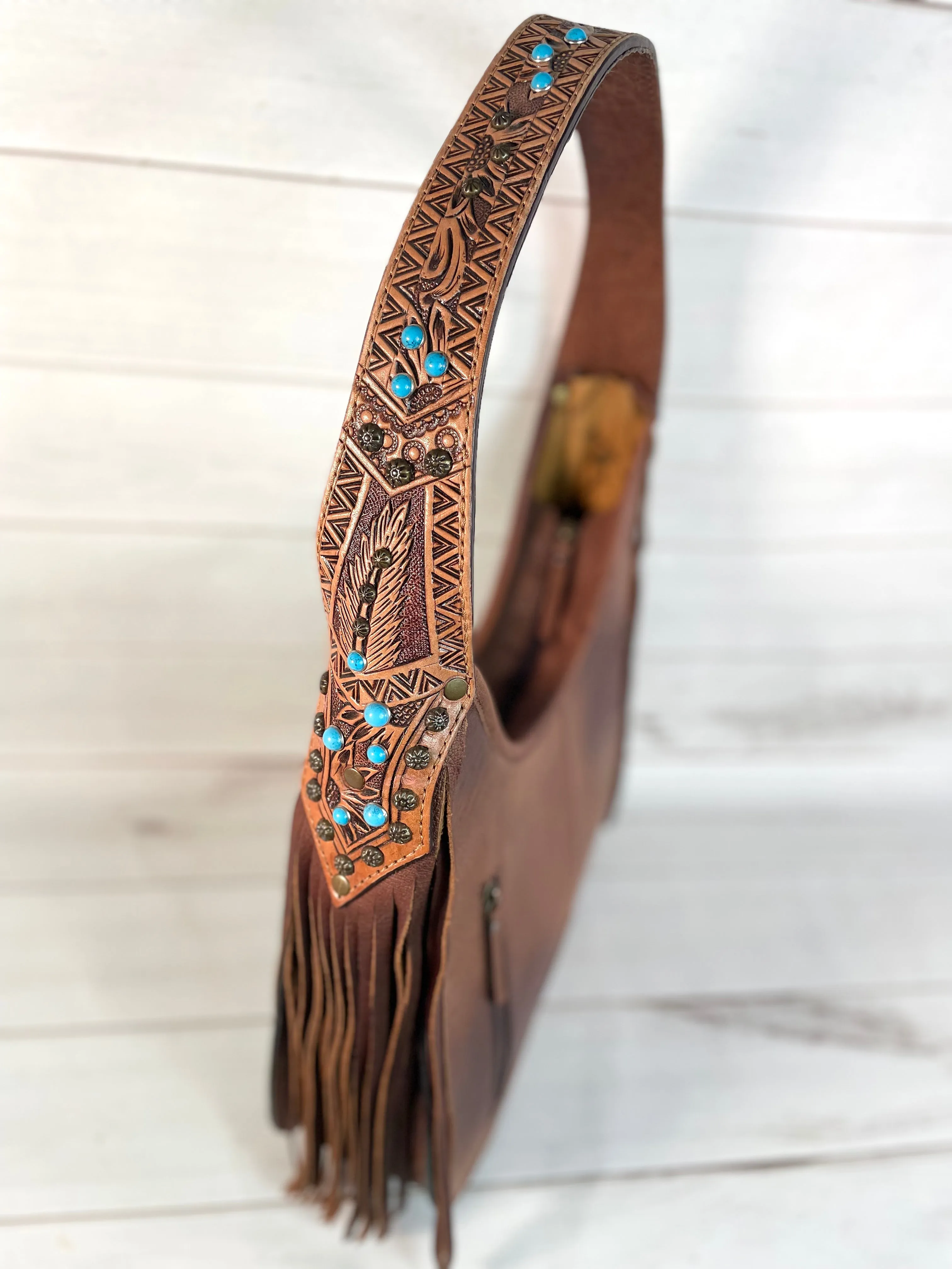 Turquoise and Brown Alligator Pattern Leather Hobo