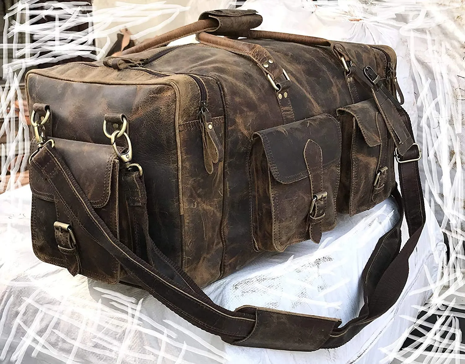 TUZECH Handmade Large Leather Luggage Duffel Weekender Travel Overnight Carry One Duffel Bag For Men (24 Inches)