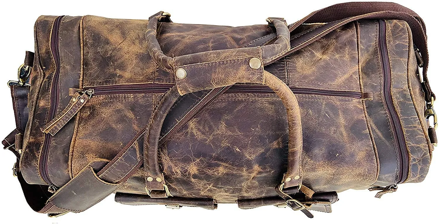 TUZECH Handmade Large Leather Luggage Duffel Weekender Travel Overnight Carry One Duffel Bag For Men (24 Inches)