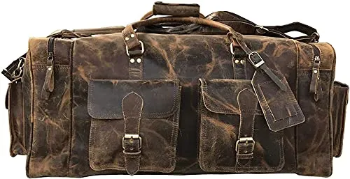 TUZECH Handmade Large Leather Luggage Duffel Weekender Travel Overnight Carry One Duffel Bag For Men (24 Inches)