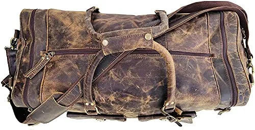 TUZECH Handmade Large Leather Luggage Duffel Weekender Travel Overnight Carry One Duffel Bag For Men (24 Inches)
