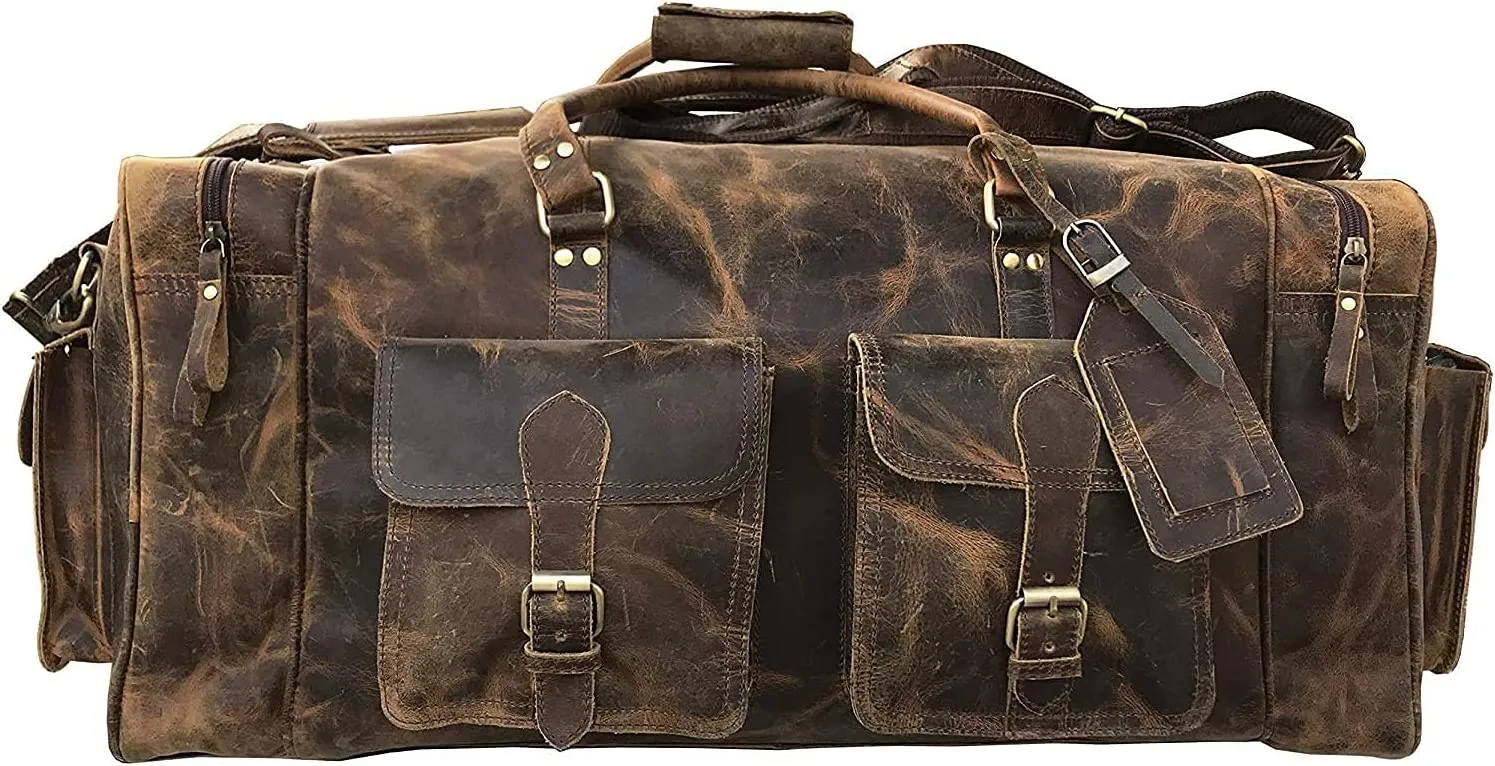 TUZECH Handmade Large Leather Luggage Duffel Weekender Travel Overnight Carry One Duffel Bag For Men (24 Inches)