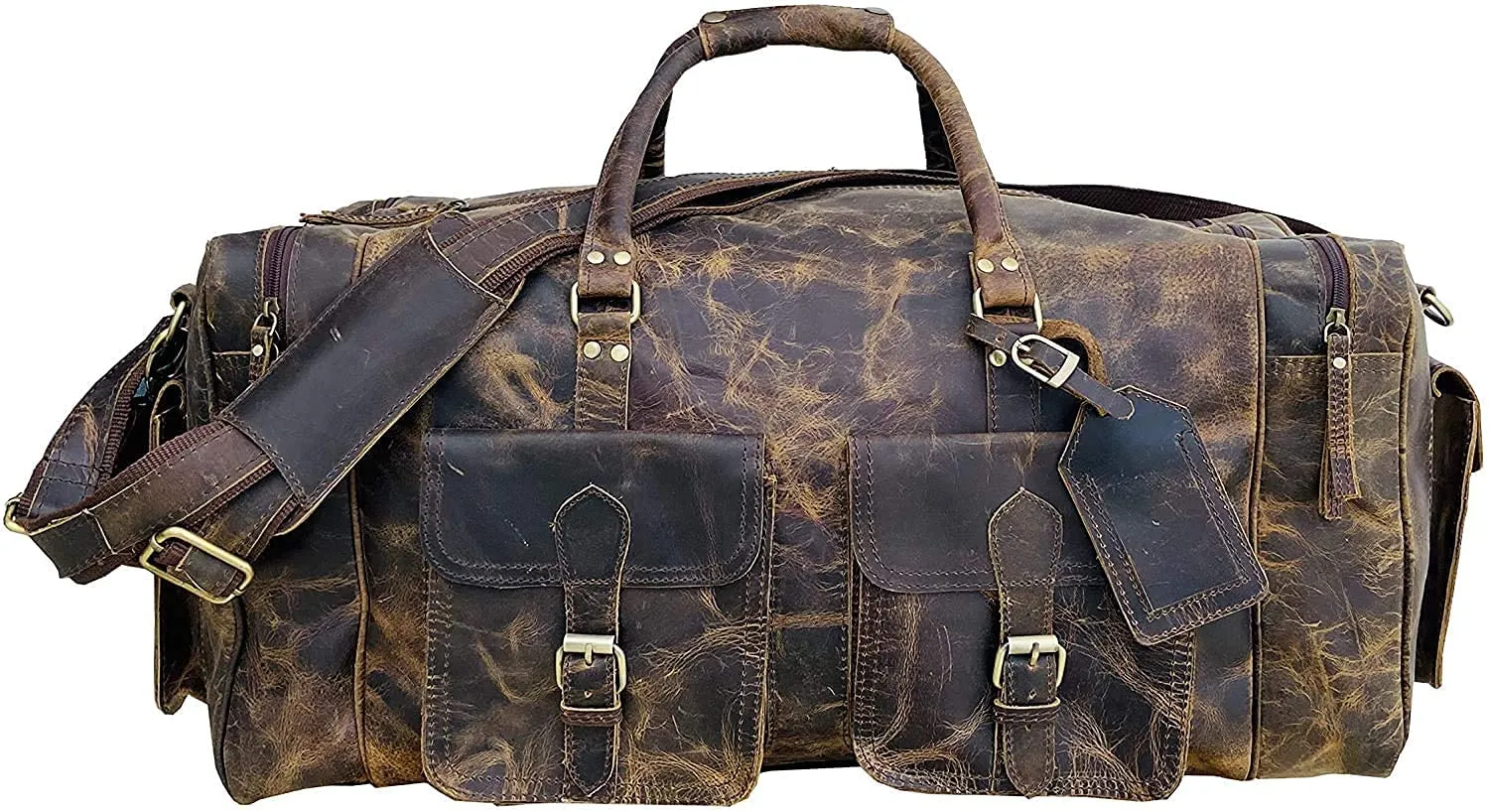 TUZECH Handmade Large Leather Luggage Duffel Weekender Travel Overnight Carry One Duffel Bag For Men (24 Inches)