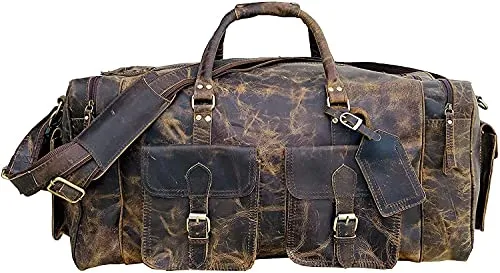 TUZECH Handmade Large Leather Luggage Duffel Weekender Travel Overnight Carry One Duffel Bag For Men (24 Inches)